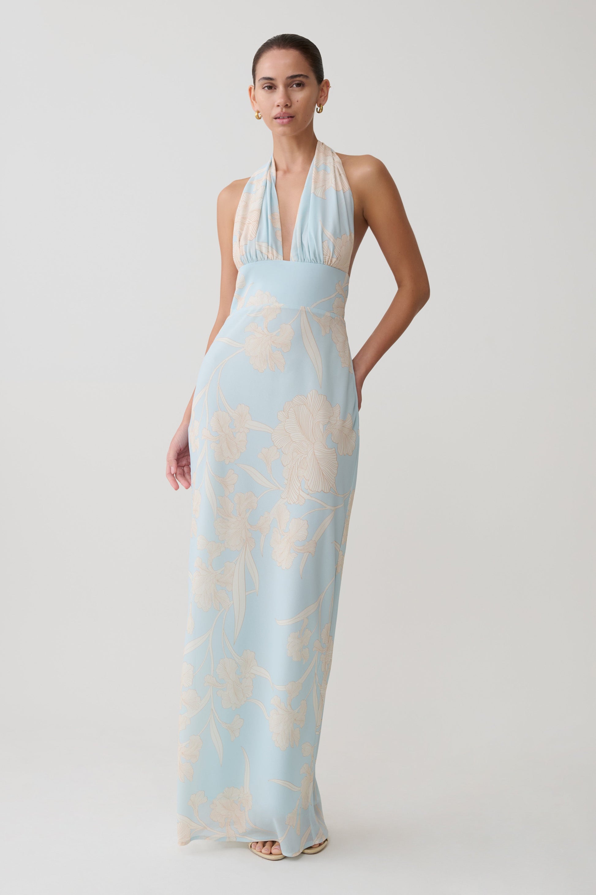 Nadine Halter Scarf Chiffon Maxi Dress - Blue Floral Print #5