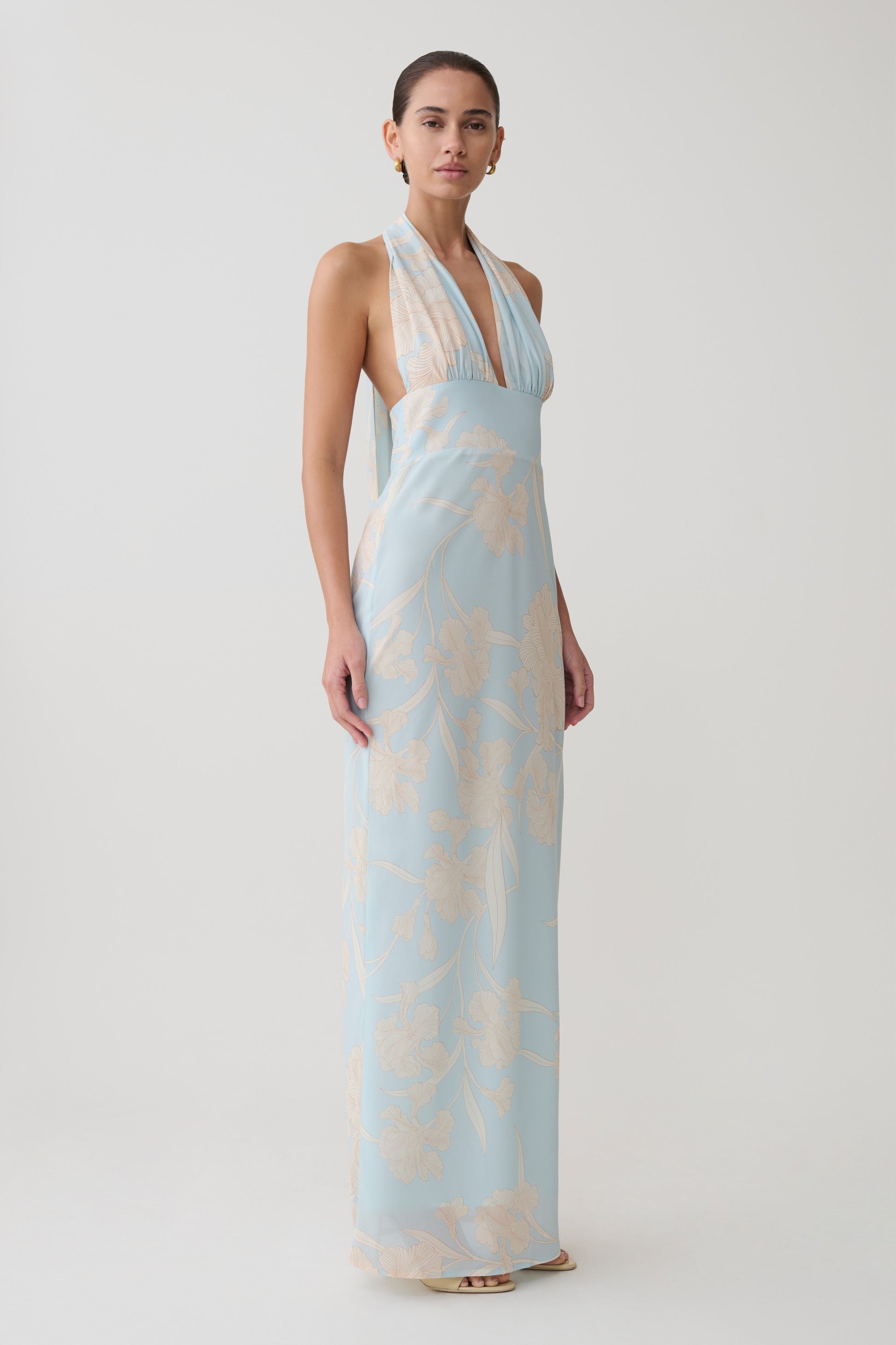 Nadine Halter Scarf Chiffon Maxi Dress - Blue Floral Print #6