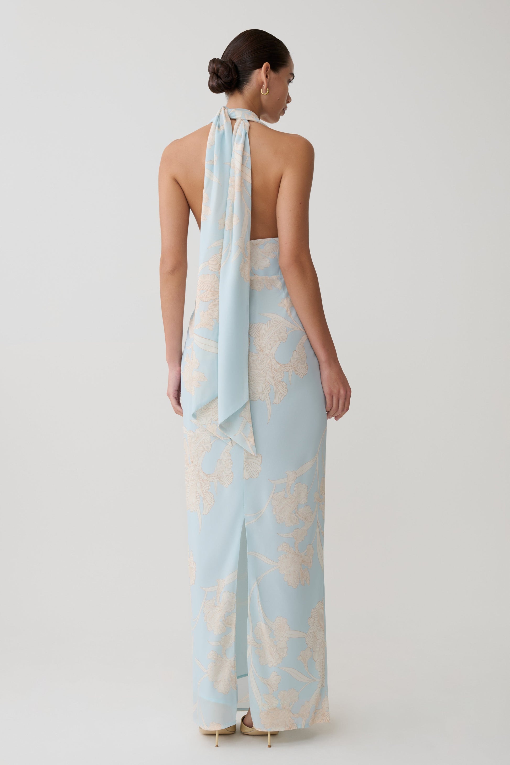 Nadine Halter Scarf Chiffon Maxi Dress - Blue Floral Print #3