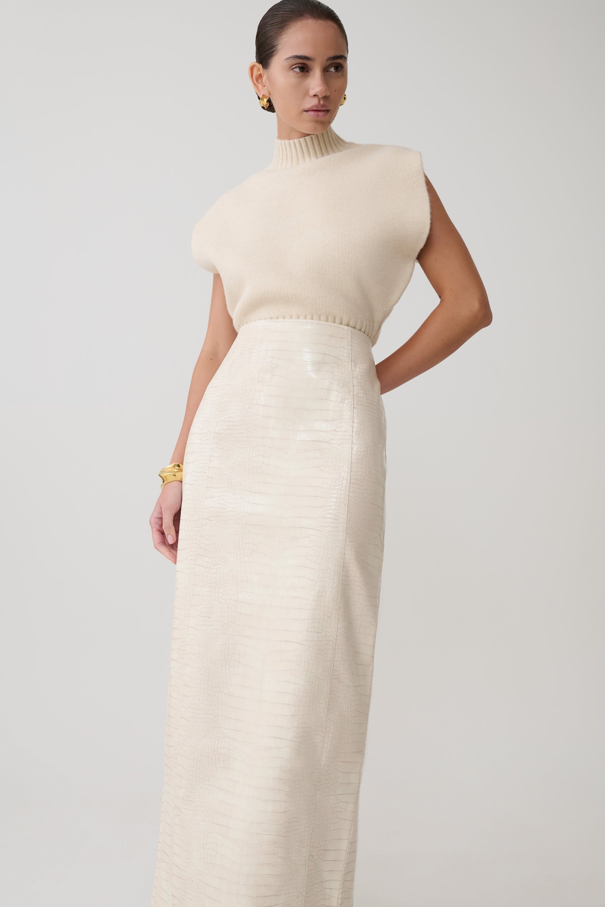 Thalia Croc Faux Leather Midi Skirt - Ivory #3