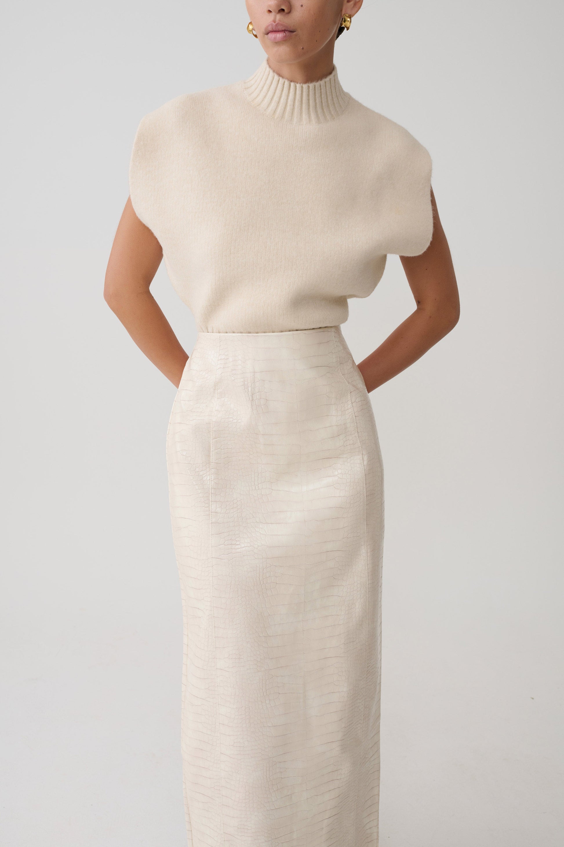 Thalia Croc Faux Leather Midi Skirt - Ivory #8