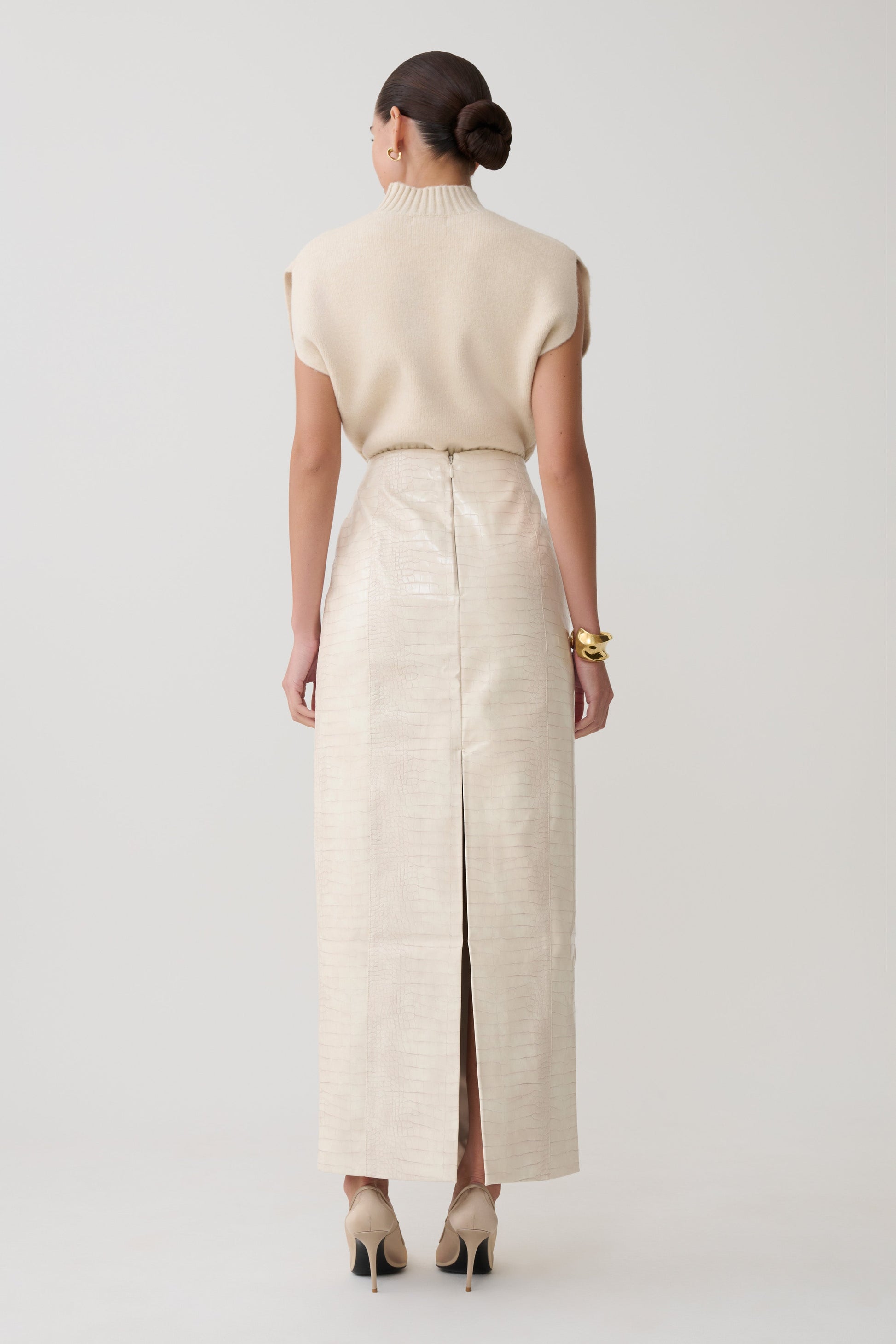 Thalia Croc Faux Leather Midi Skirt - Ivory #2
