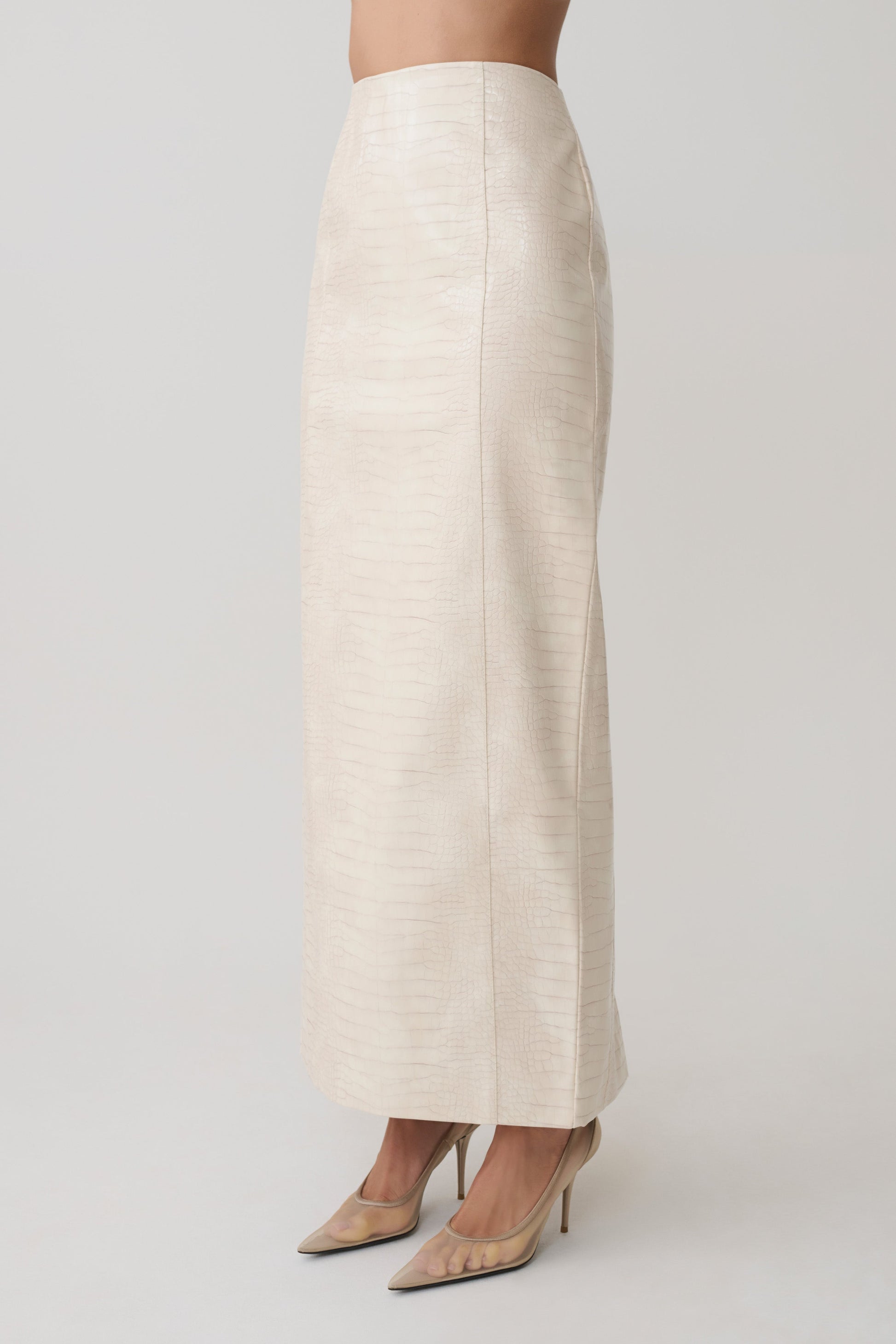 Thalia Croc Faux Leather Midi Skirt - Ivory #5