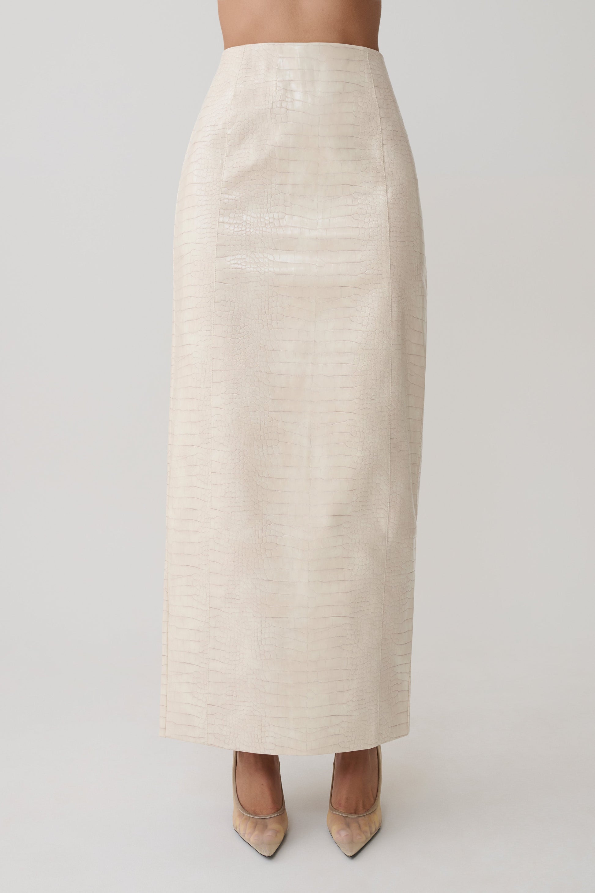 Thalia Croc Faux Leather Midi Skirt - Ivory #4