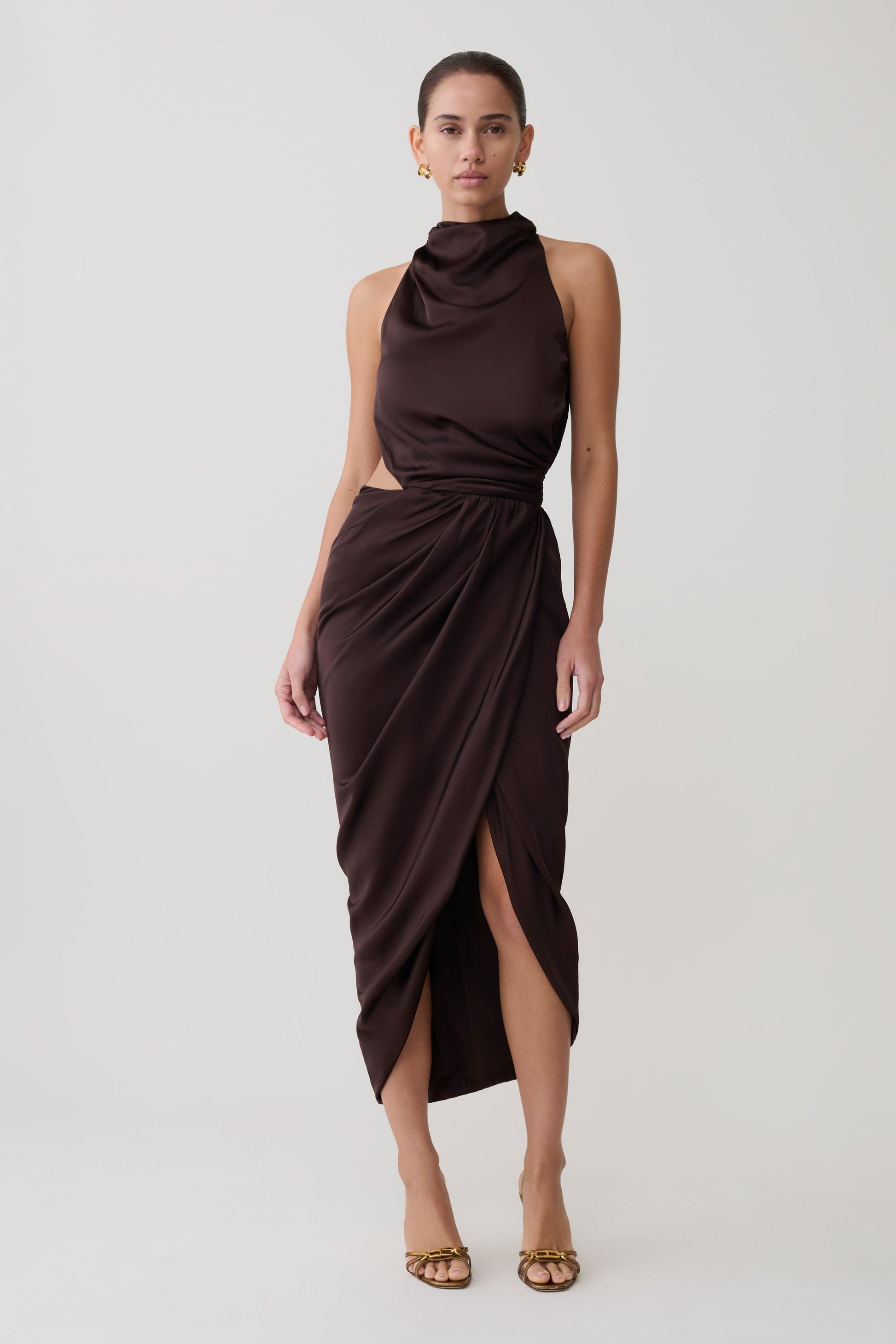 Aveline Draped Halter Midi Dress - Dark Chocolate #2