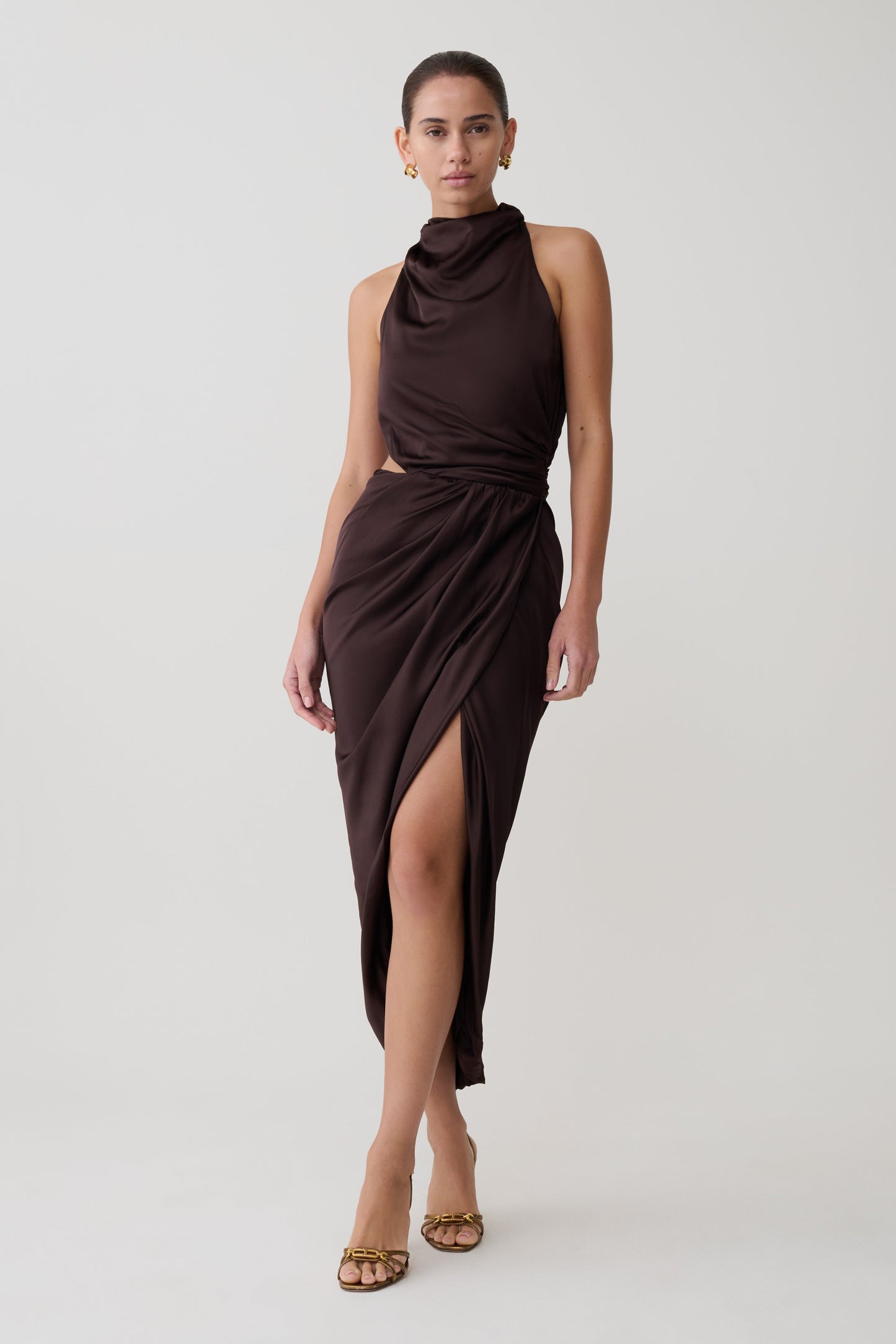 Aveline Draped Halter Midi Dress - Dark Chocolate