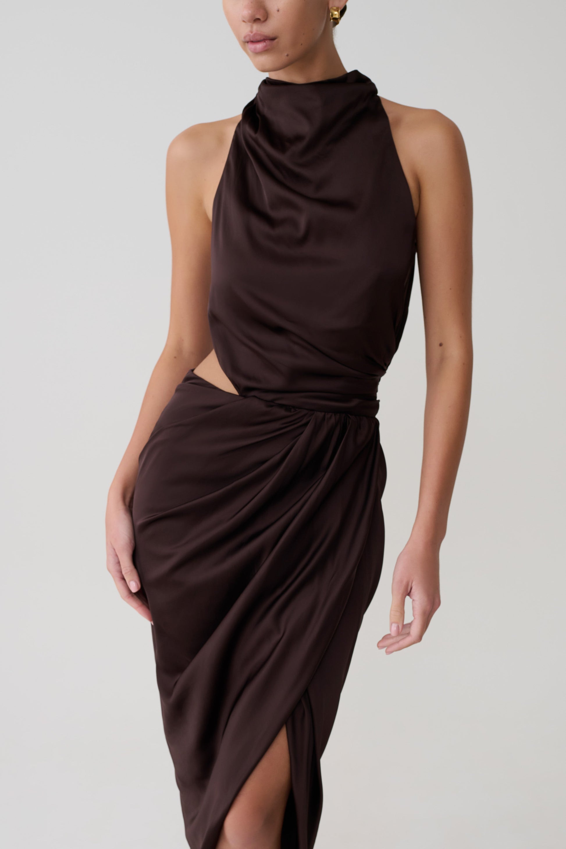 Aveline Draped Halter Midi Dress - Dark Chocolate #9