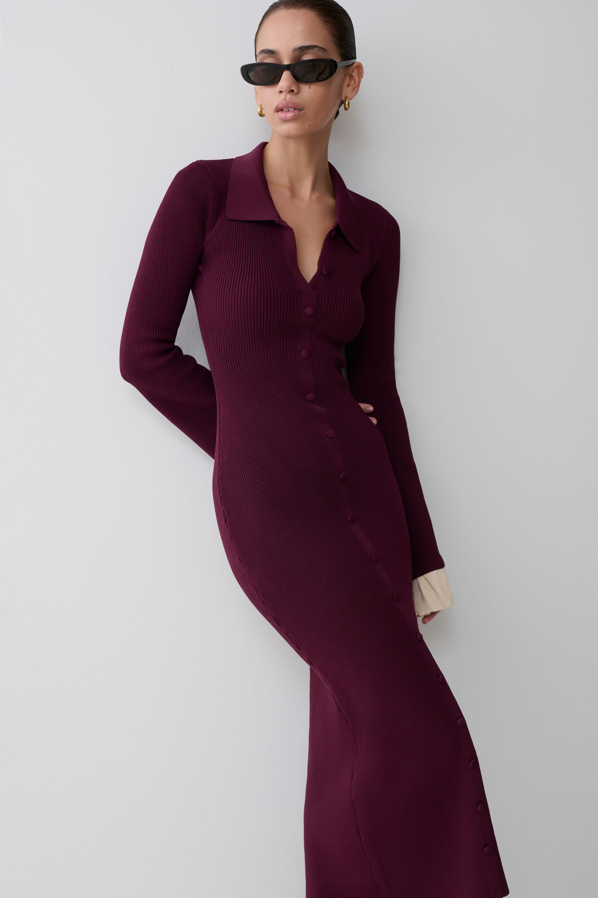 Amirose Ruffle Knit Midi Dress - Plum #5