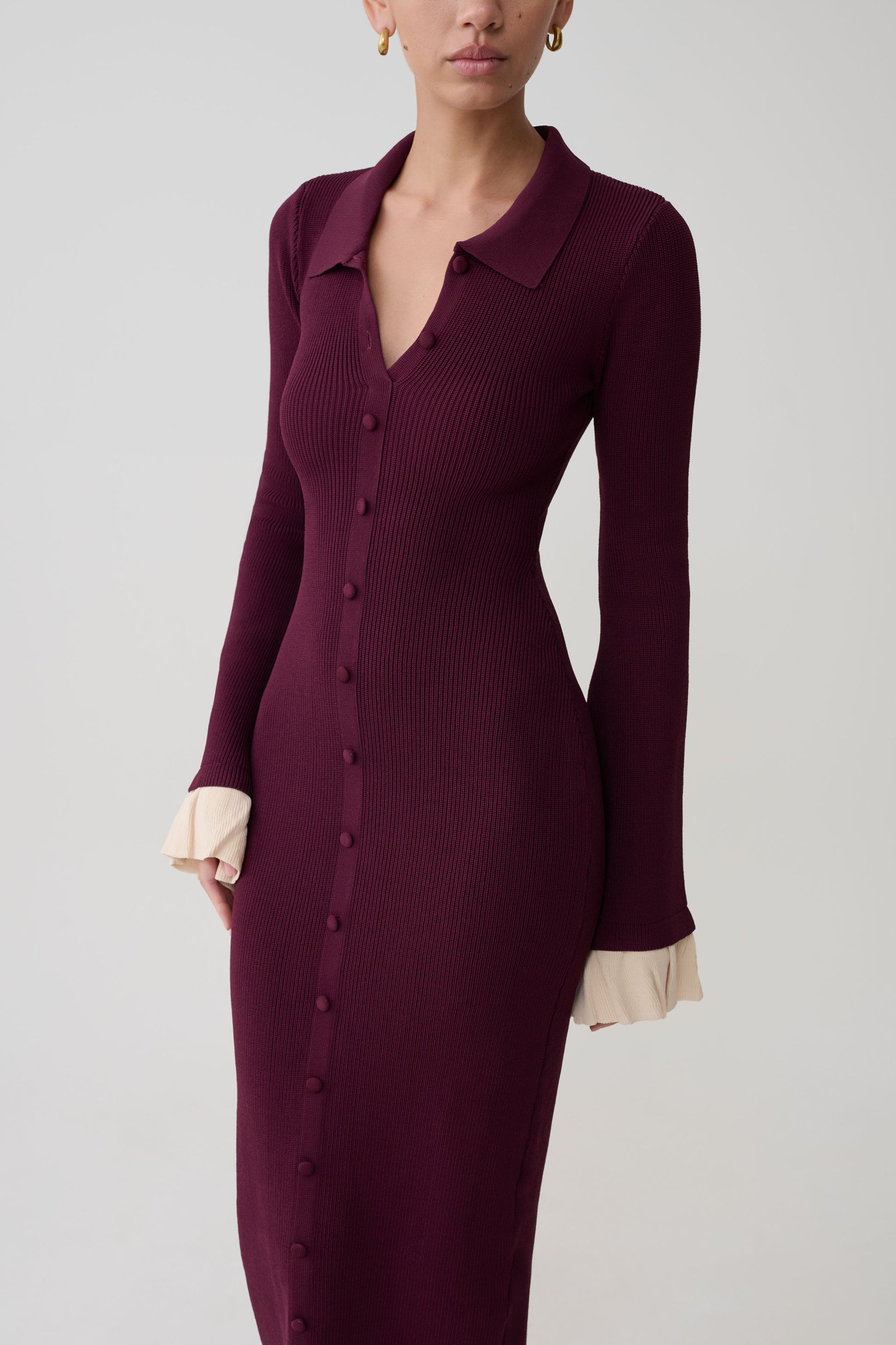 Amirose Ruffle Knit Midi Dress - Plum #6