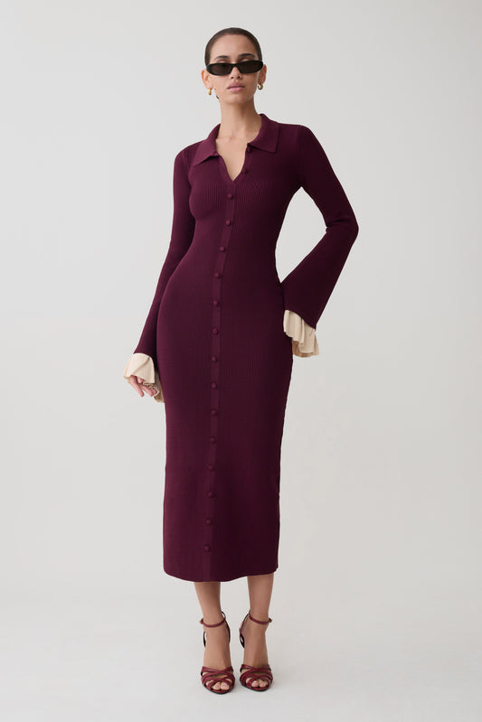 Amirose Ruffle Knit Midi Dress - Plum