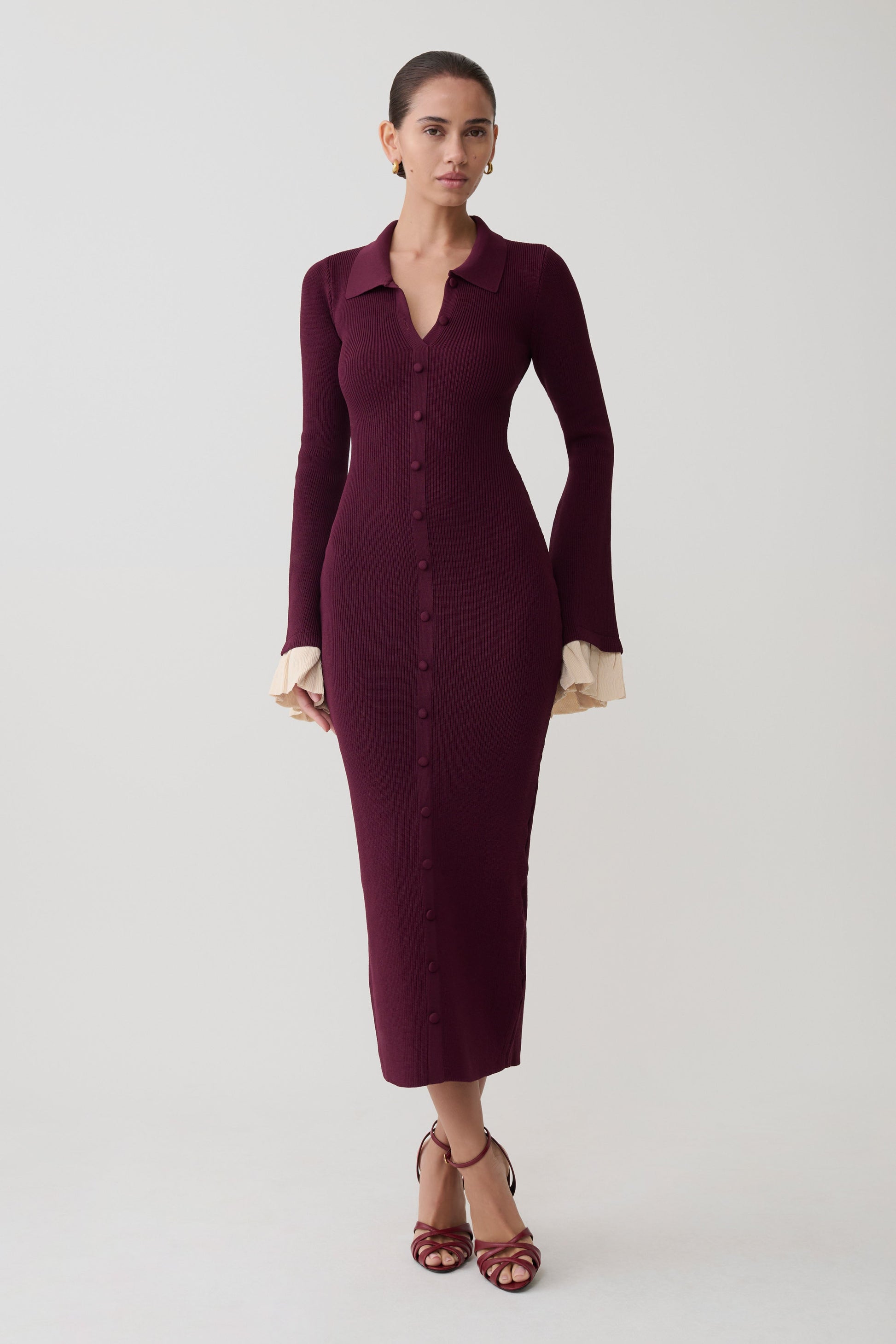 Amirose Ruffle Knit Midi Dress - Plum #4