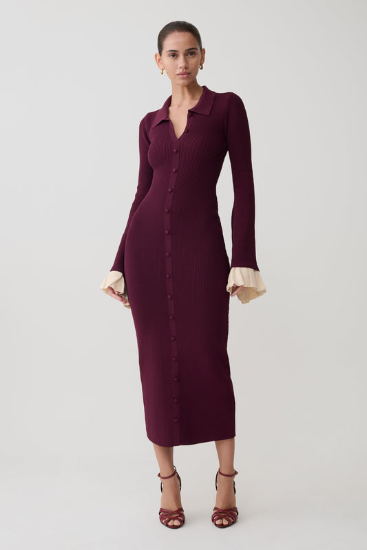 Amirose Ruffle Knit Midi Dress - Plum