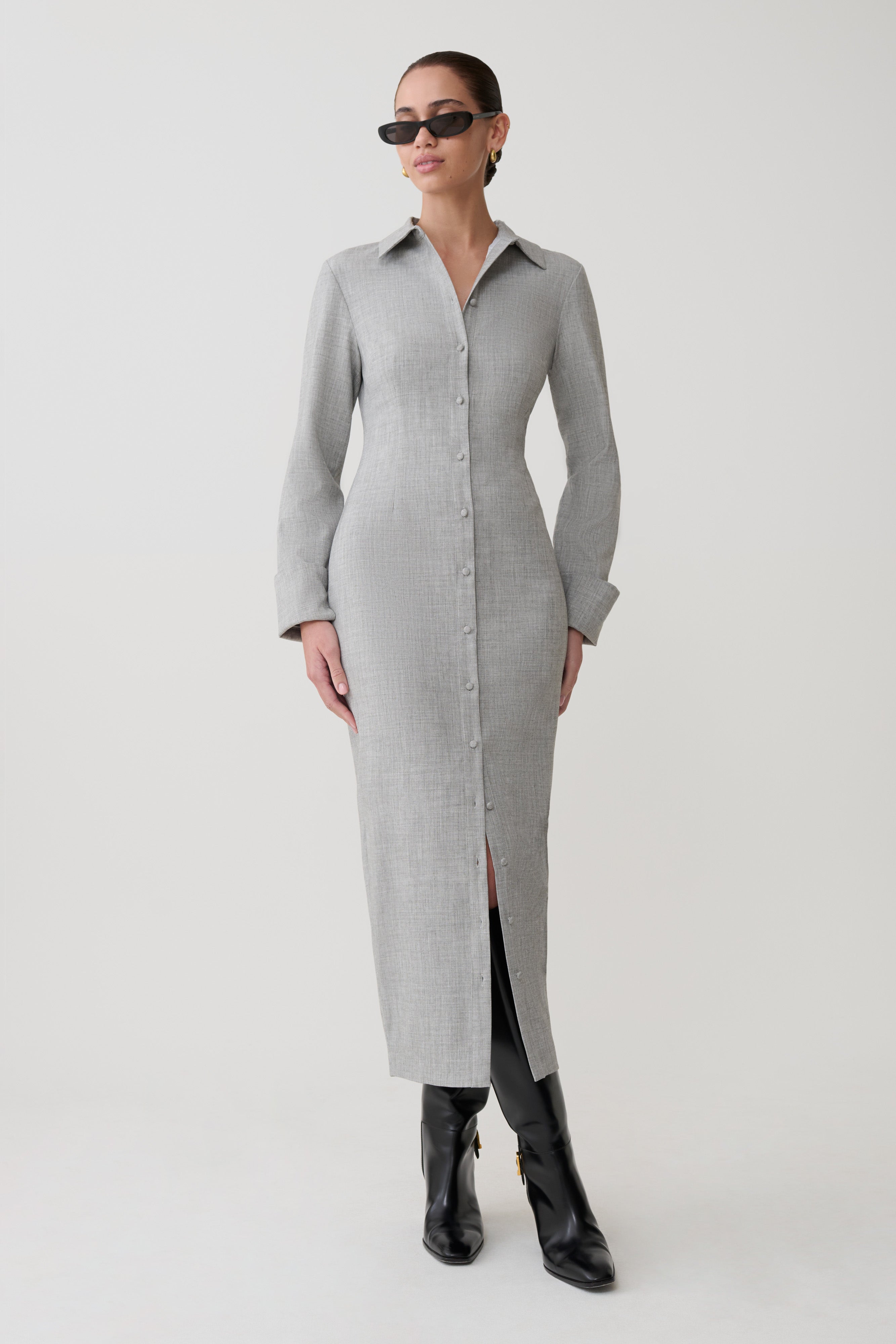Dorian Fitted Shirt Midi Dress - Charcoal Marle | MESHKI UK