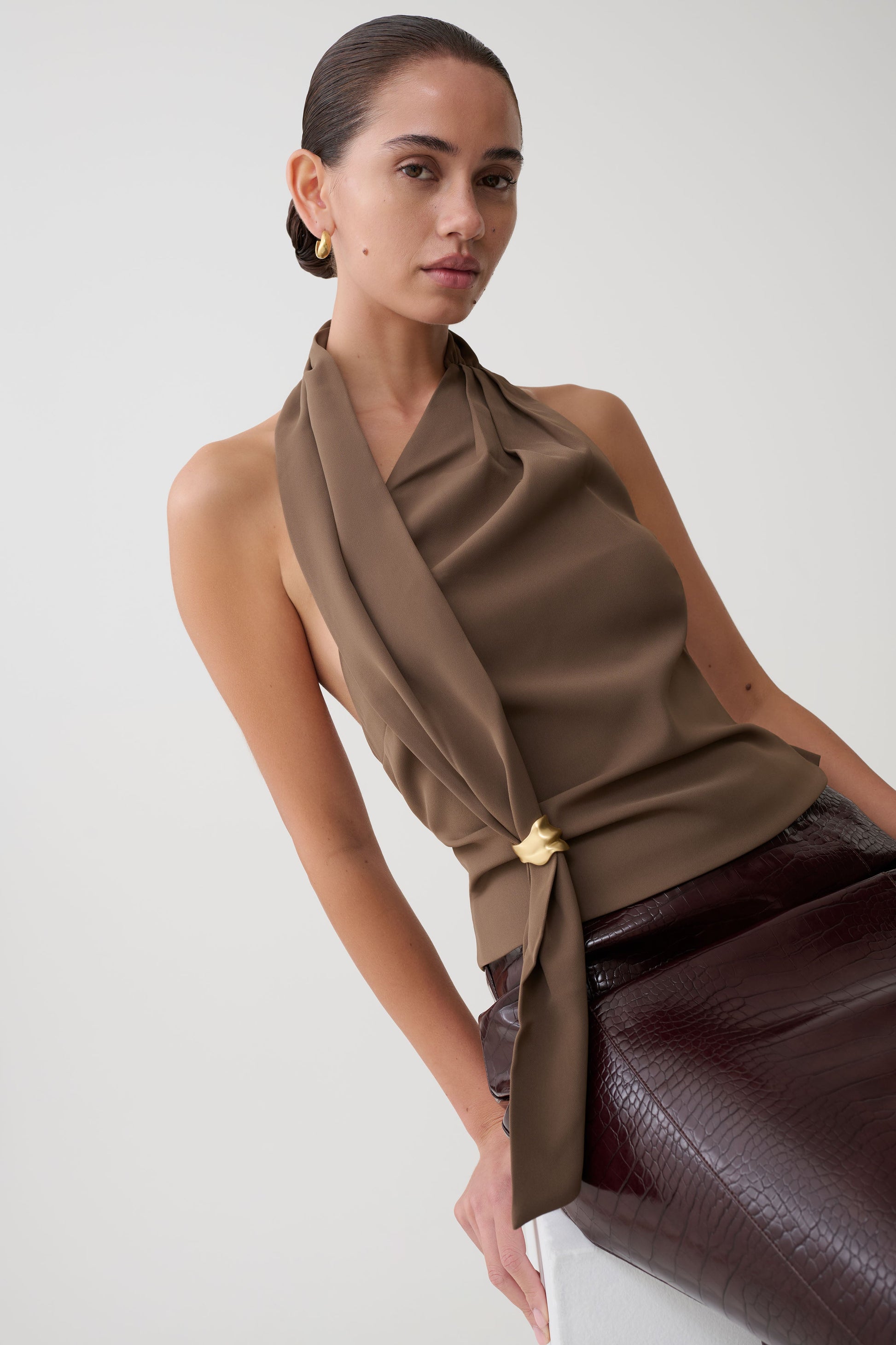 Marina Halter Top With Hardware - Cacao Brown #5