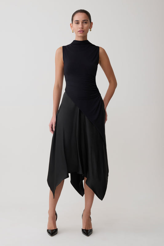 Coralie Asymmetric Satin Midi Skirt - Black