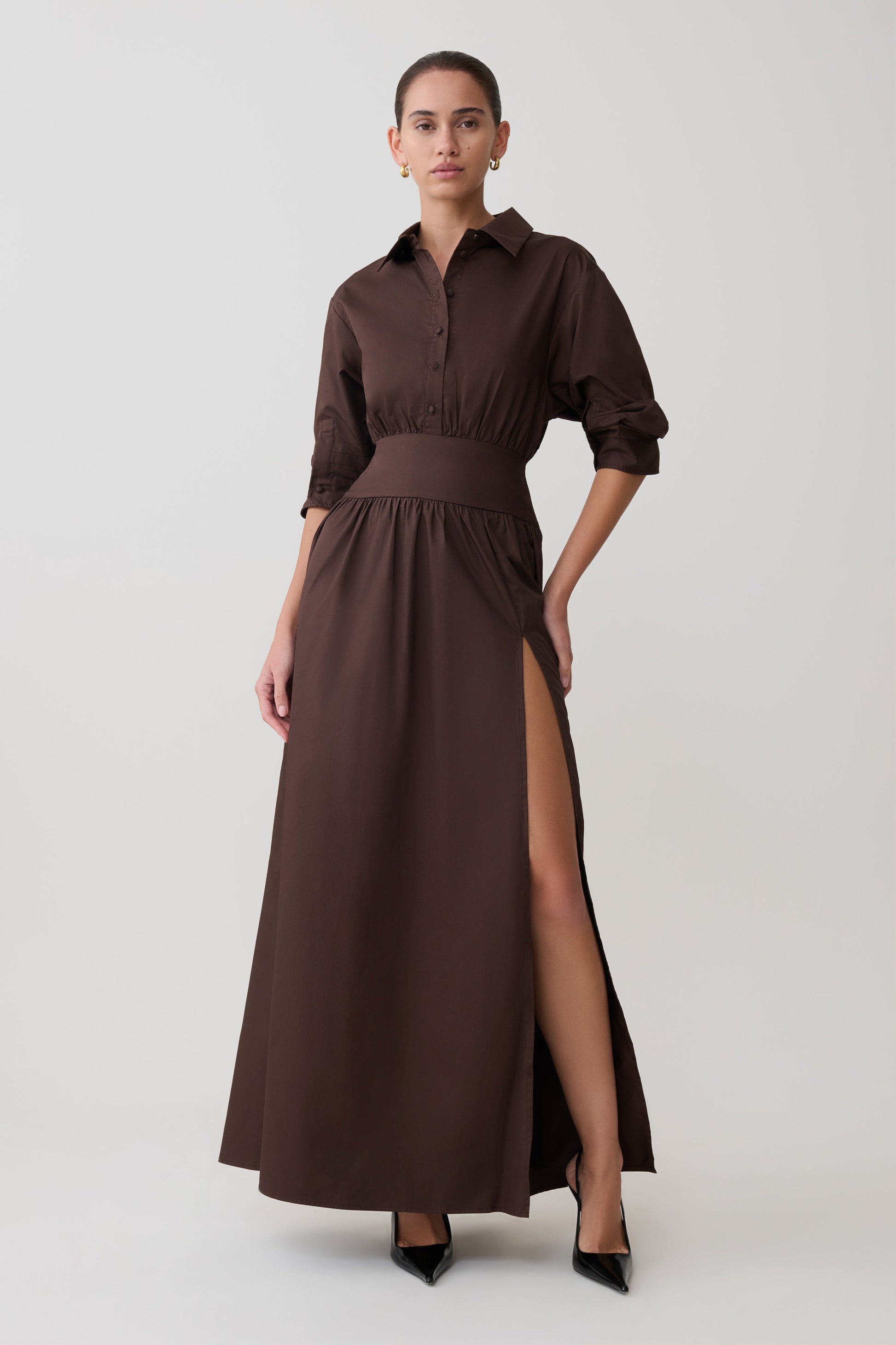 Isolde Long Sleeve Cotton Maxi Dress - Dark Chocolate #2