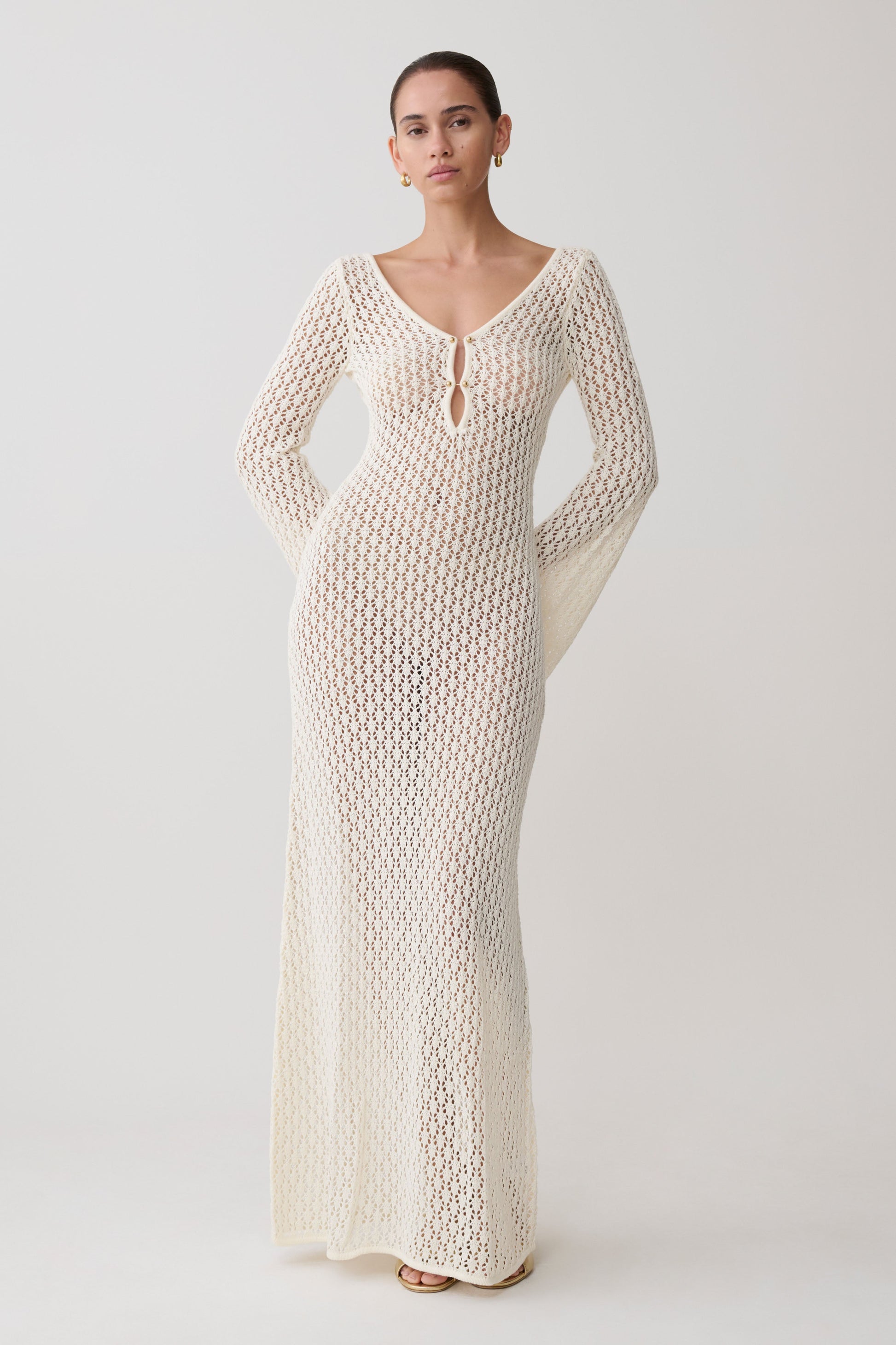 Kayleigh Crochet Fishtail Flare Sleeve Maxi Dress - White #4