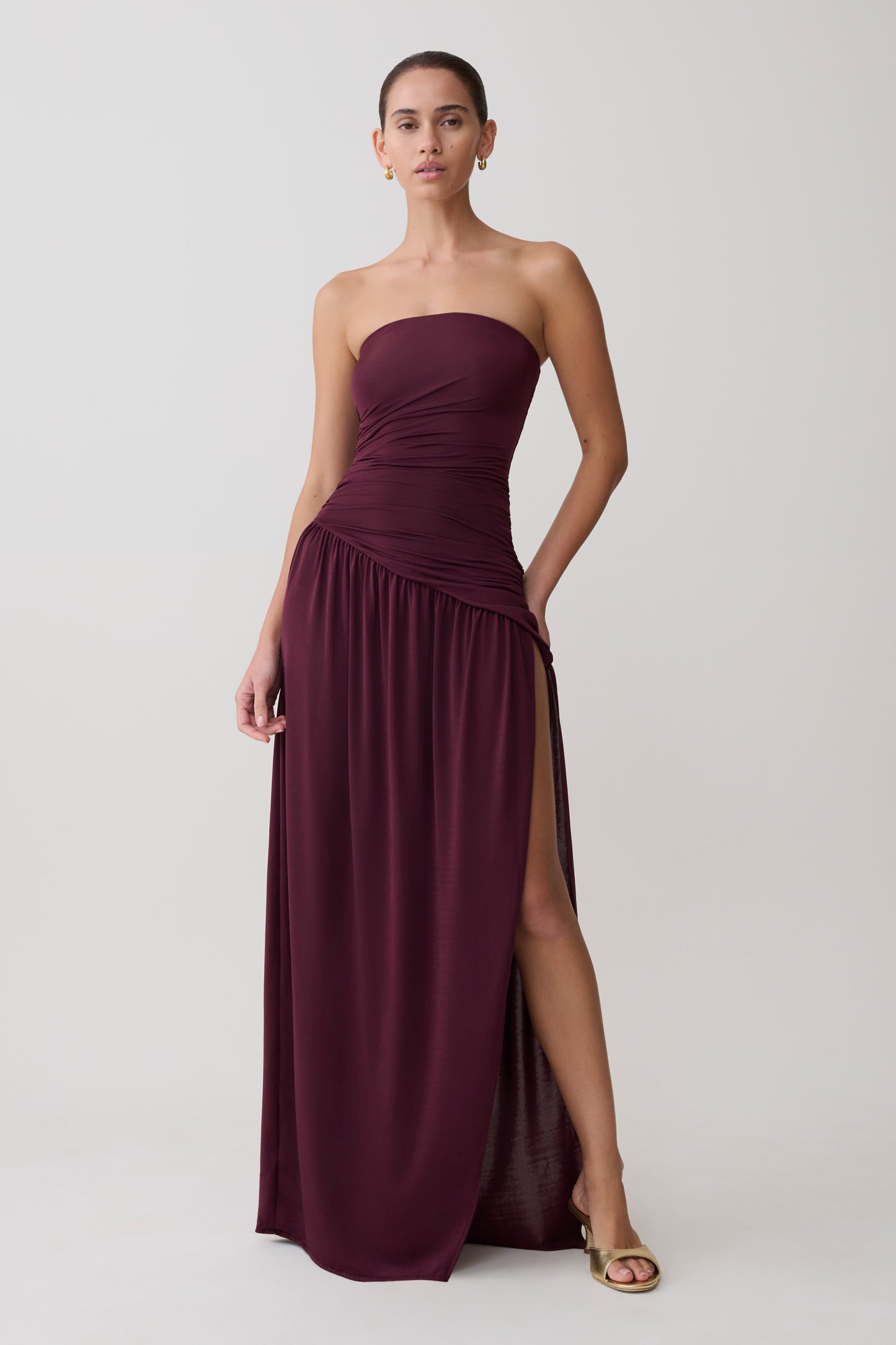 Bex Strapless Slinky Maxi Dress With Split - Burgundy