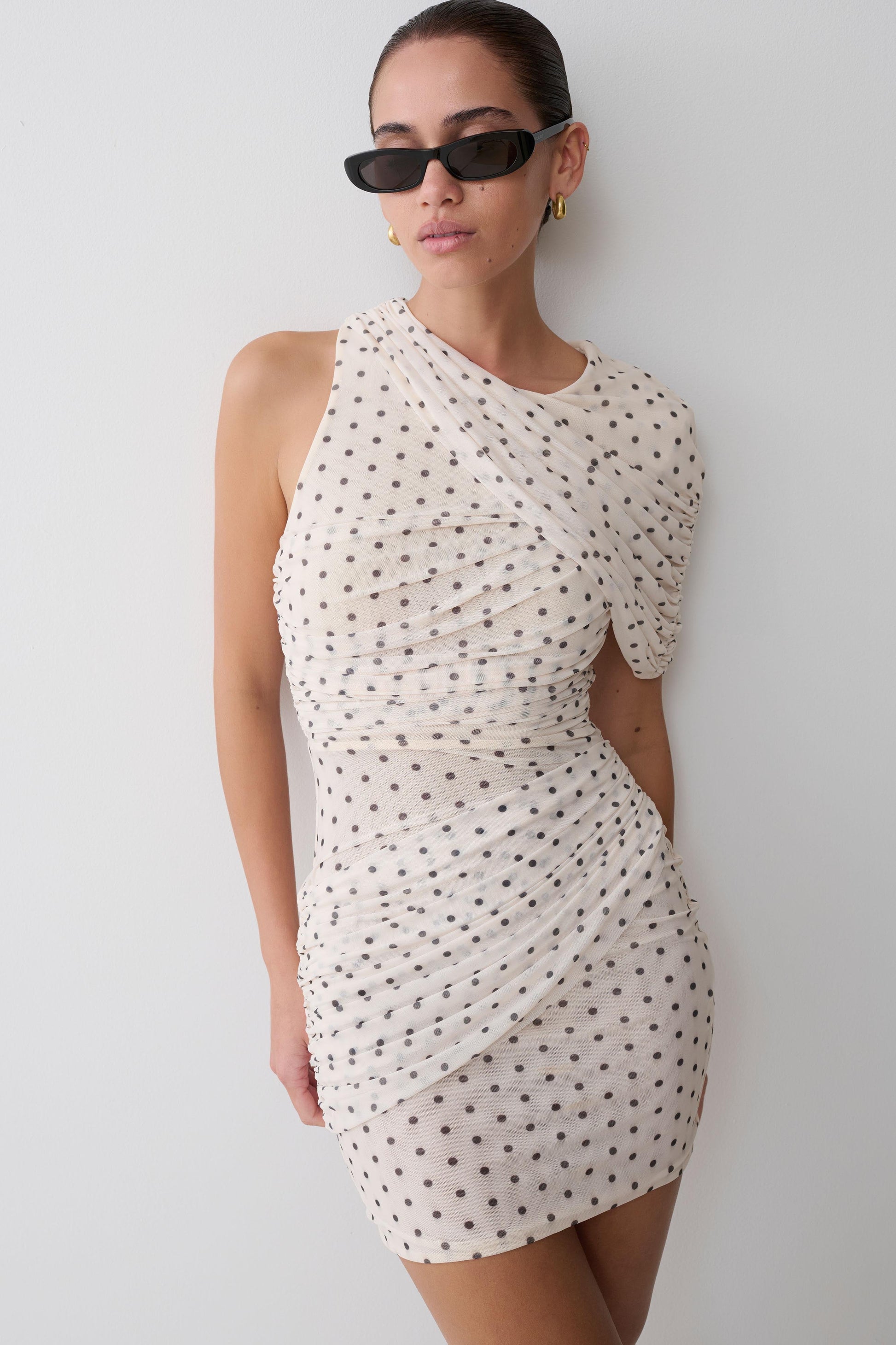 Adrienne One Shoulder Mesh Mini Dress - Polka Dot #5
