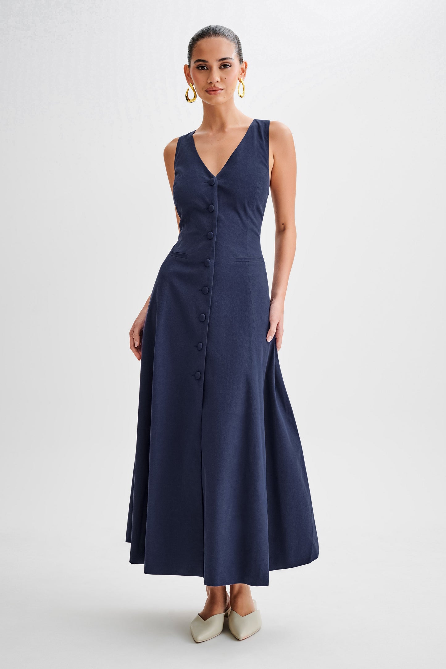 Theodora Cotton Buttoned Midi Dress - Navy