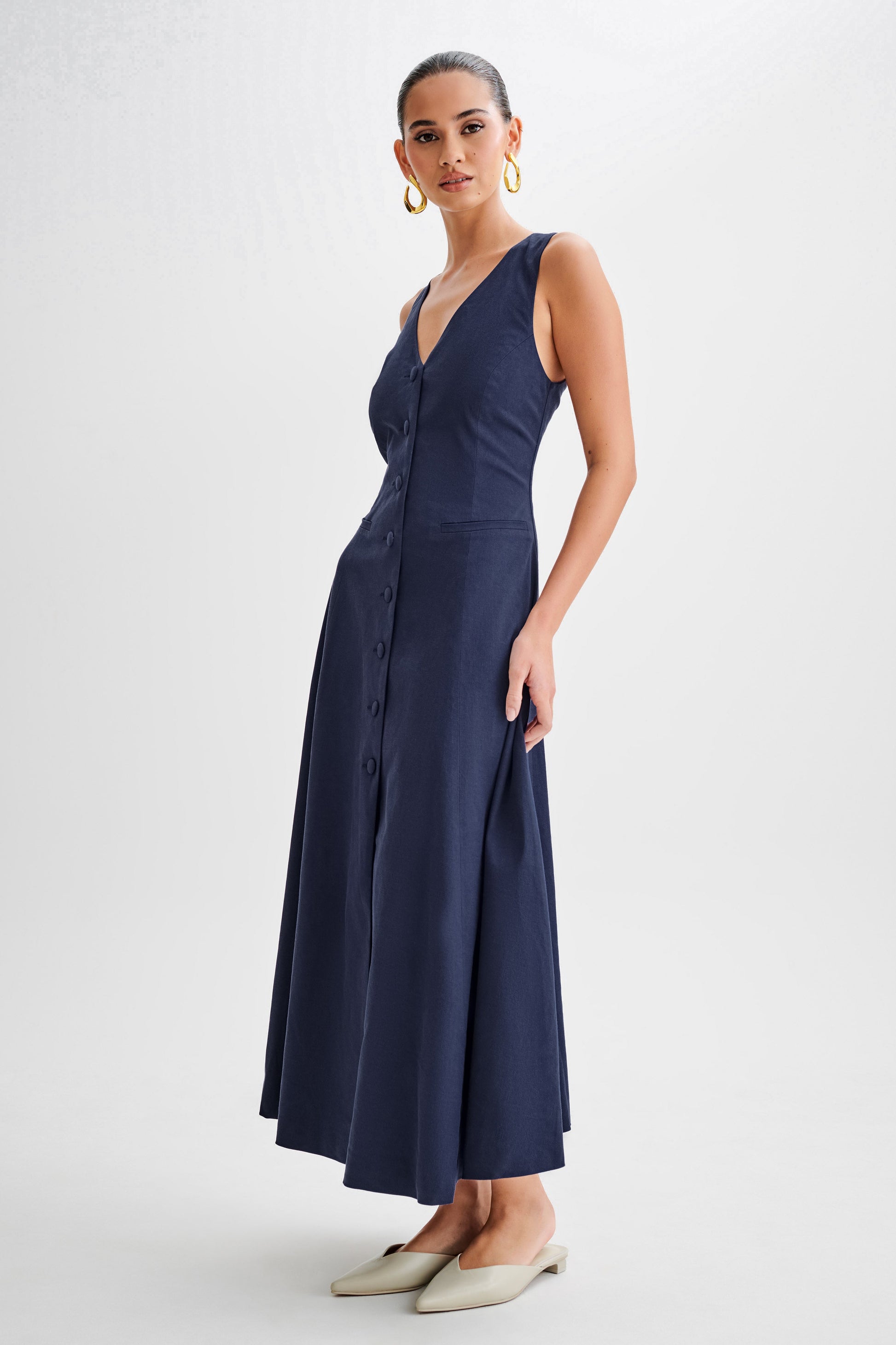 Theodora Cotton Buttoned Midi Dress - Navy #4