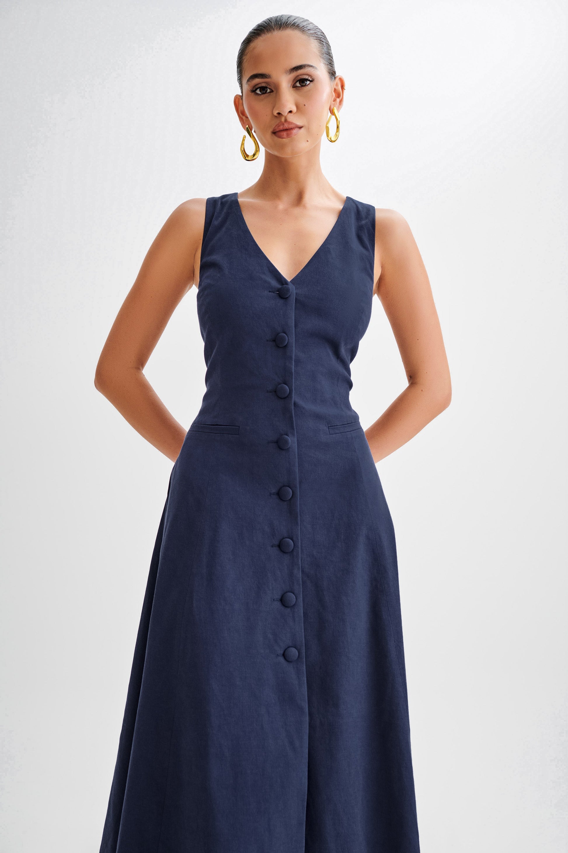 Theodora Cotton Buttoned Midi Dress - Navy #5