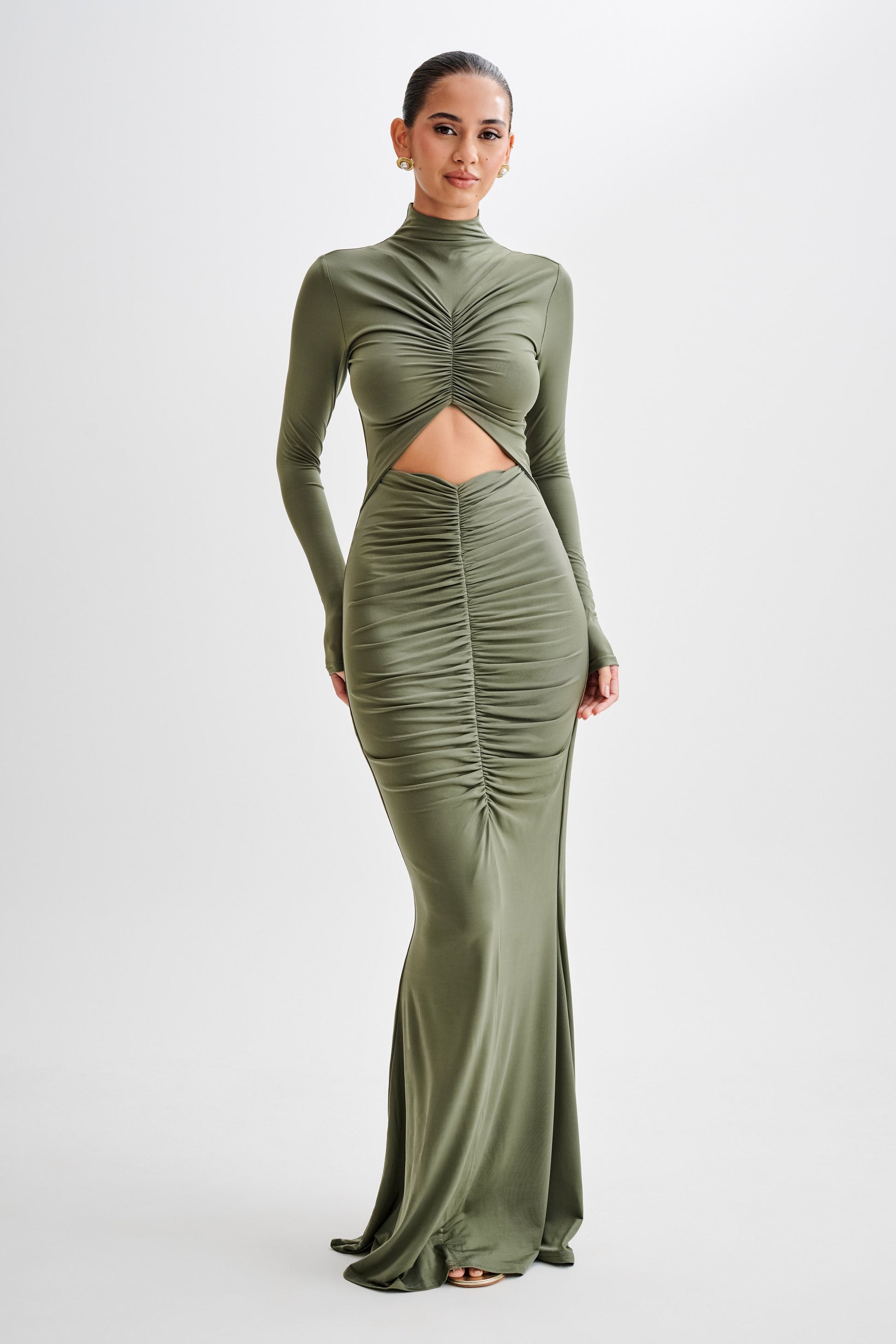 Pia Slinky Long Sleeve Cutout Maxi Dress - Military Olive #3