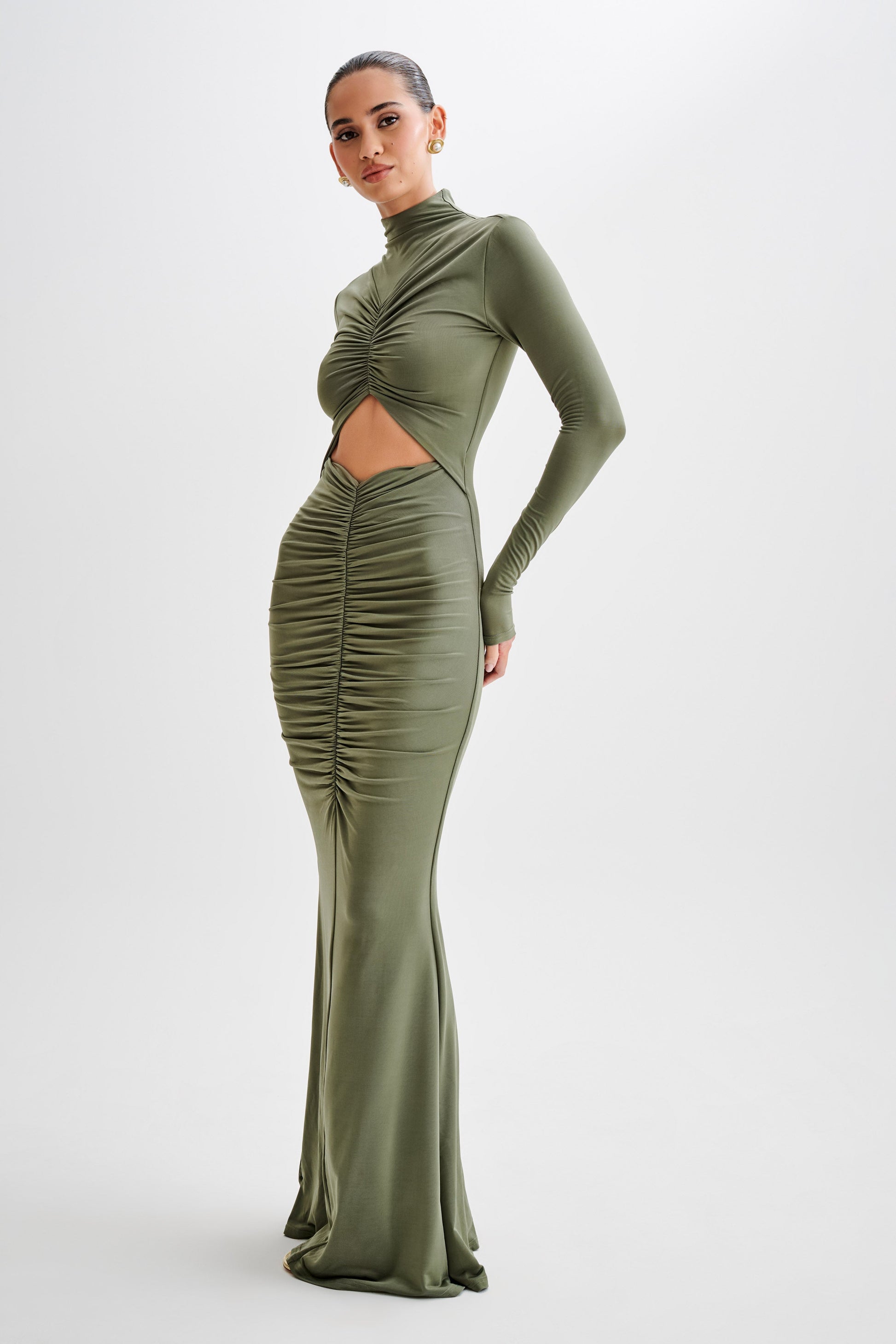 Pia Slinky Long Sleeve Cutout Maxi Dress - Military Olive #7