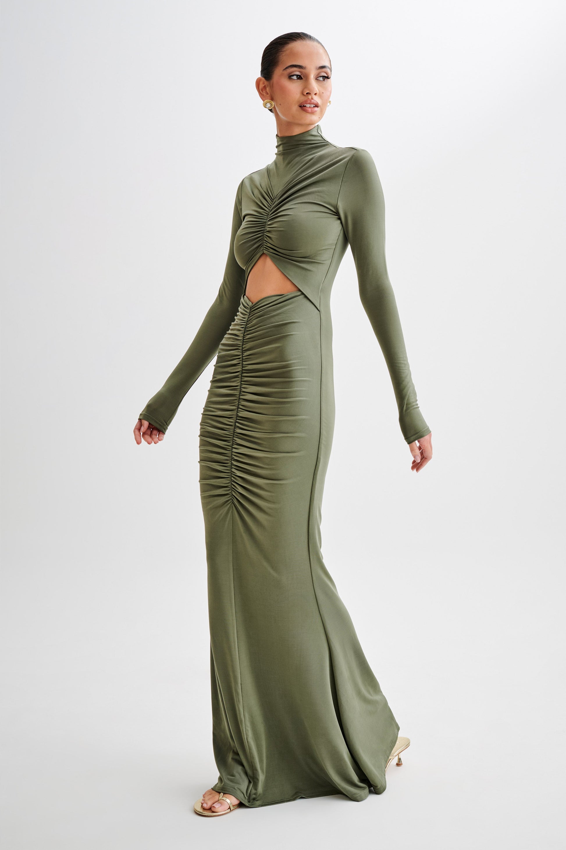 Pia Slinky Long Sleeve Cutout Maxi Dress - Military Olive #6