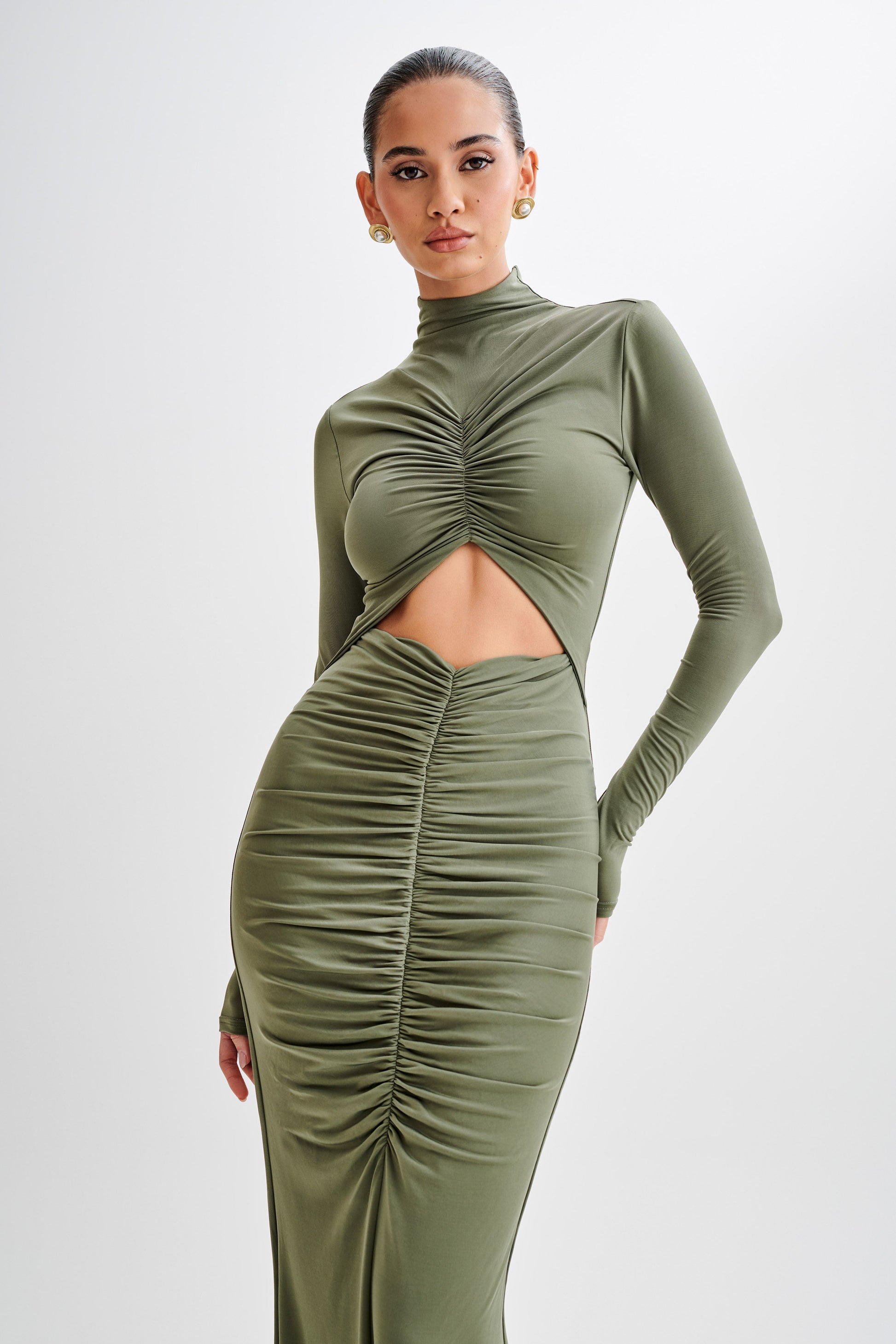 Pia Slinky Long Sleeve Cutout Maxi Dress - Military Olive #8