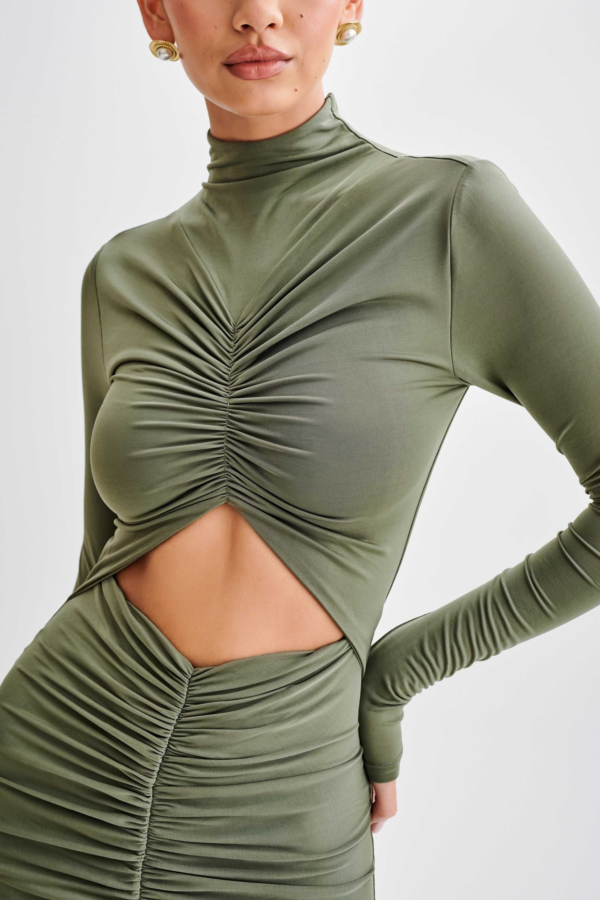 Pia Slinky Long Sleeve Cutout Maxi Dress - Military Olive #5