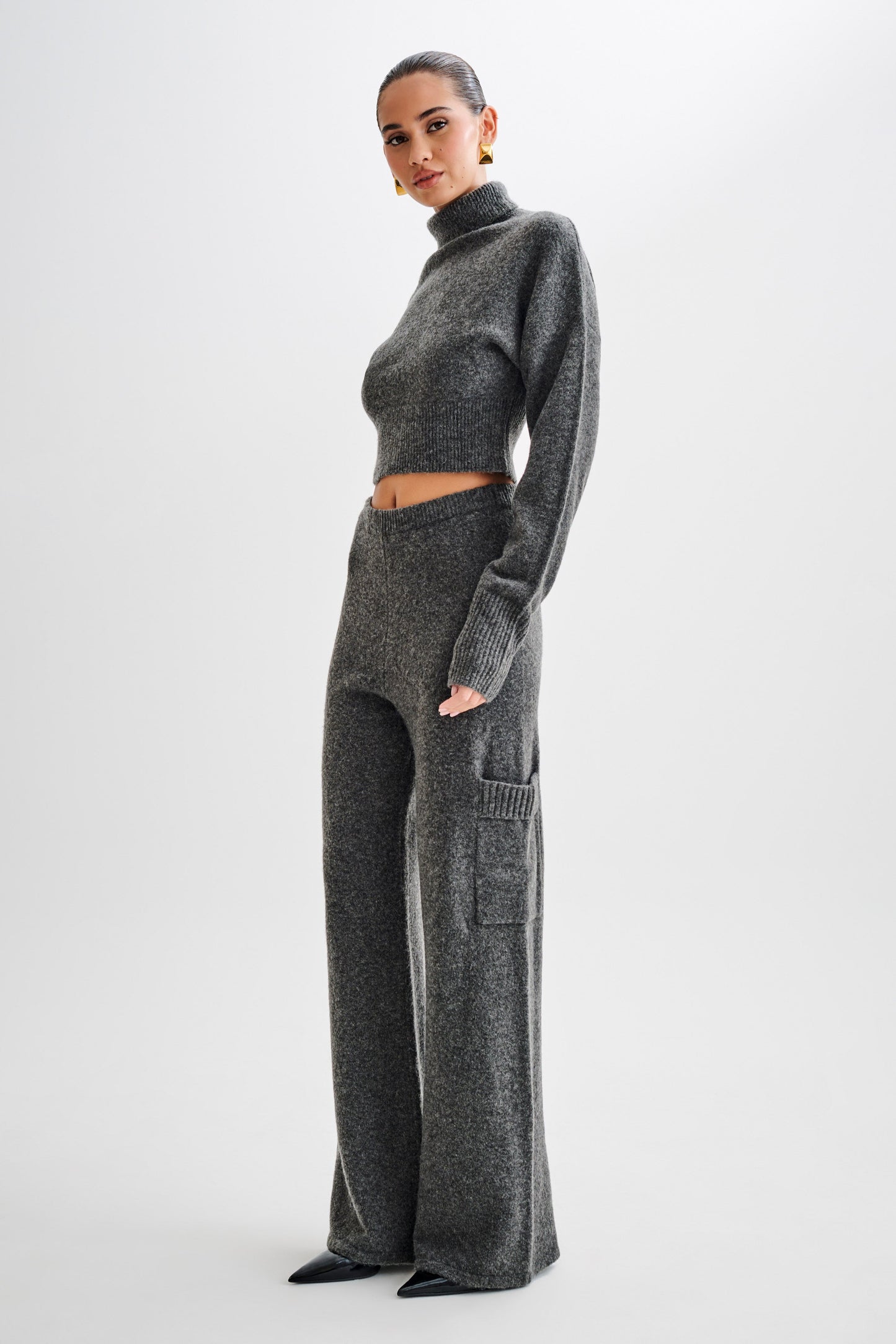 Darius Turtleneck Knit Crop Top - Charcoal Marle