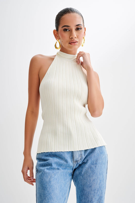 Laila Longline Halter Rib Knit Top - Ivory Marle