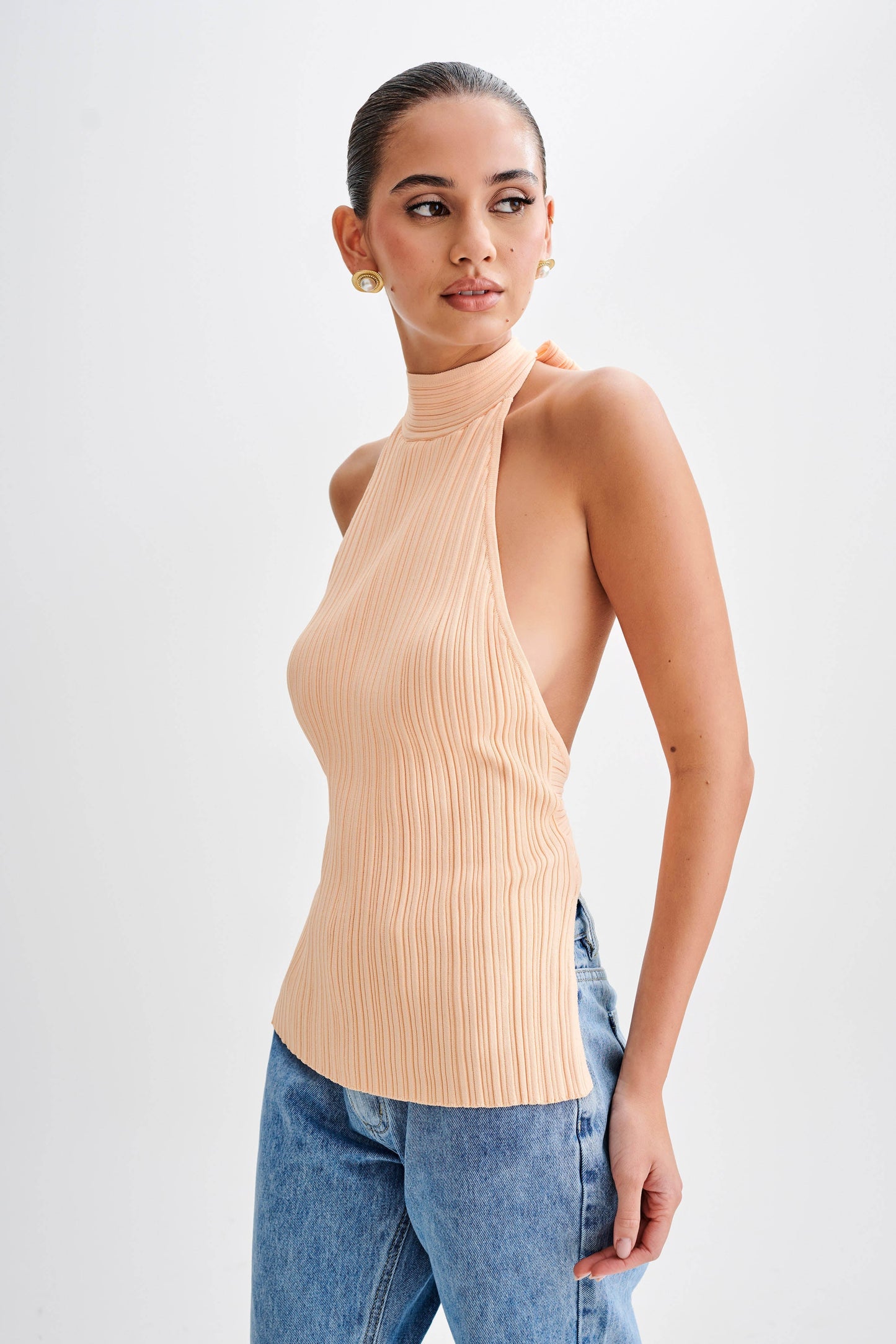 Laila Longline Halter Rib Knit Top - Light Peach