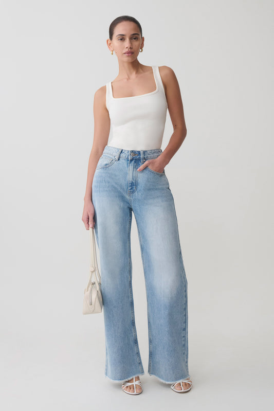 Sebastian Straight Leg Denim Jeans With Fray Hem - Washed Light Blue