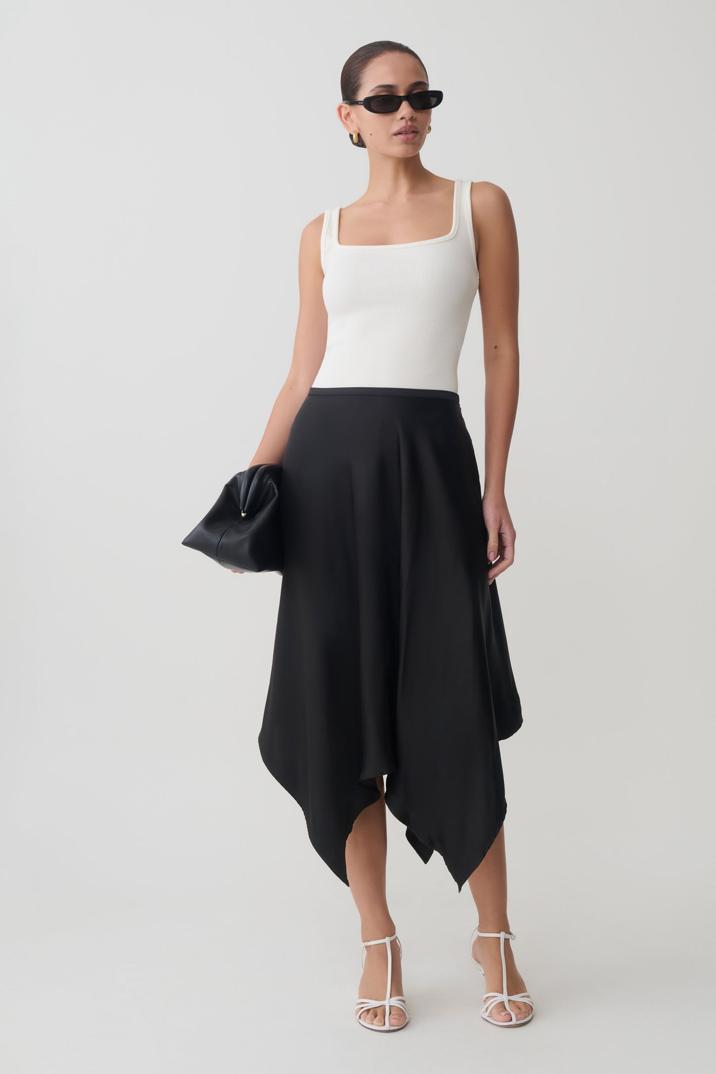 Coralie Asymmetric Satin Midi Skirt - Black