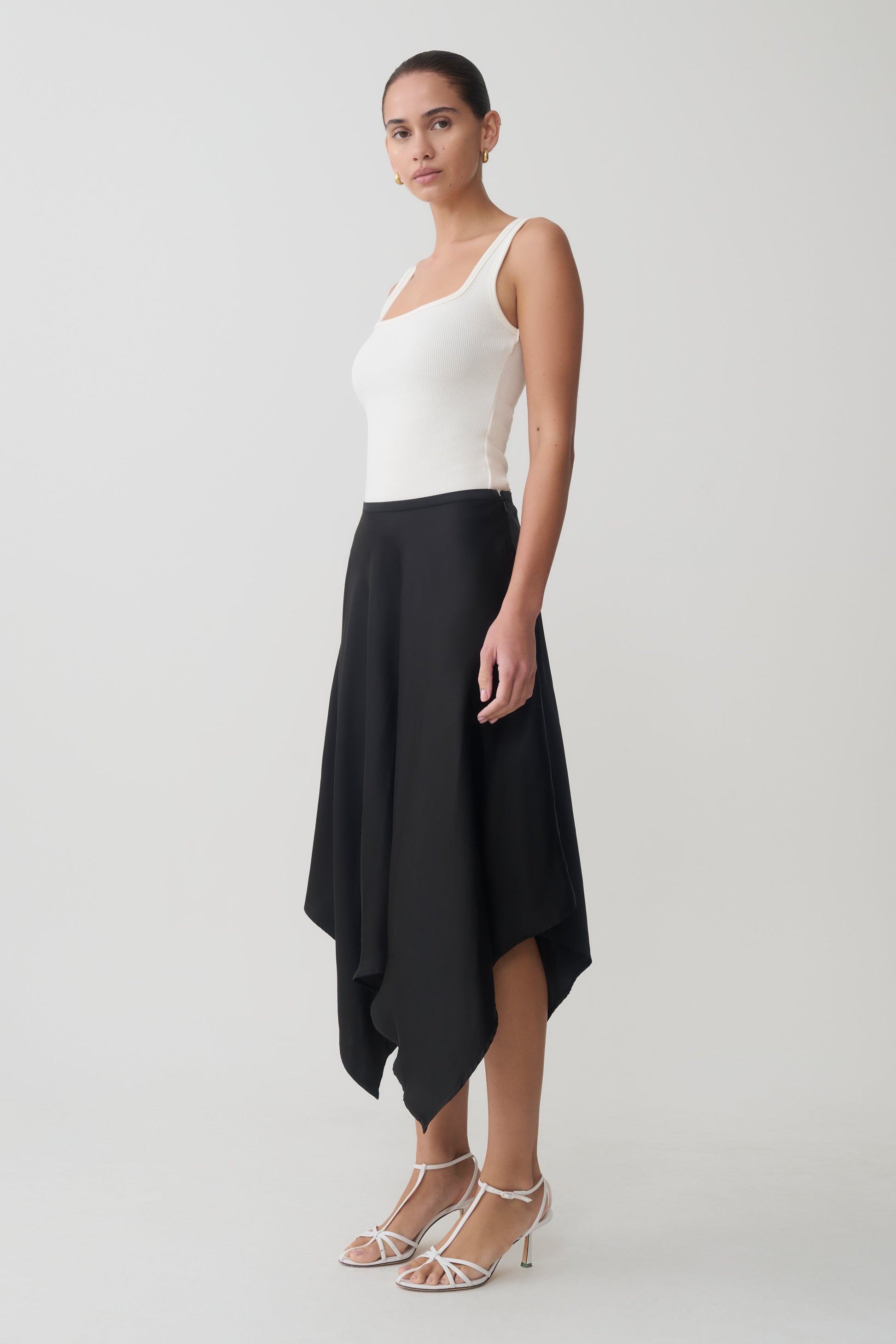 Coralie Asymmetric Satin Midi Skirt - Black #8