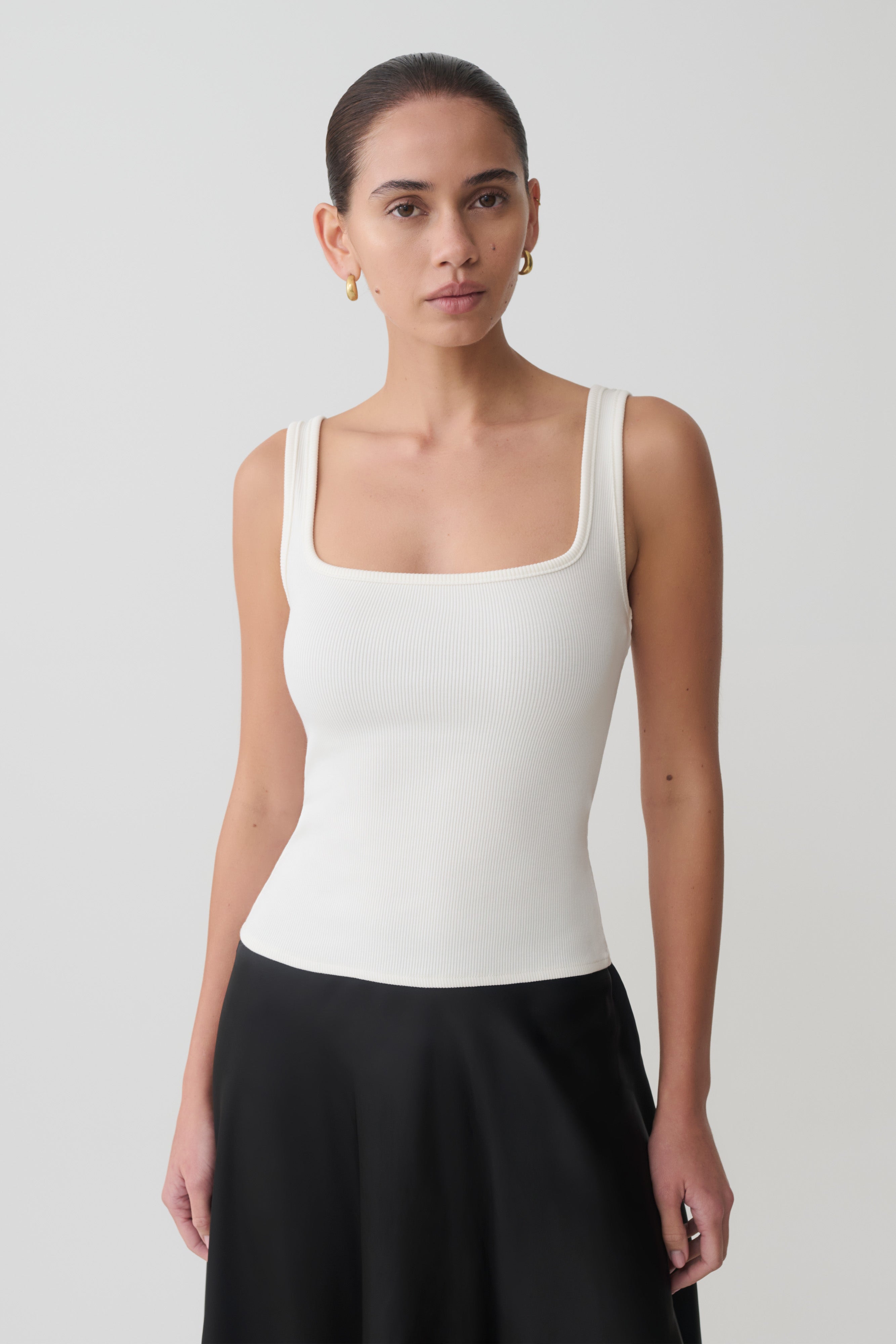 Aisling Ribbed Square Neck Sleeveless Top - Ivory | MESHKI UK