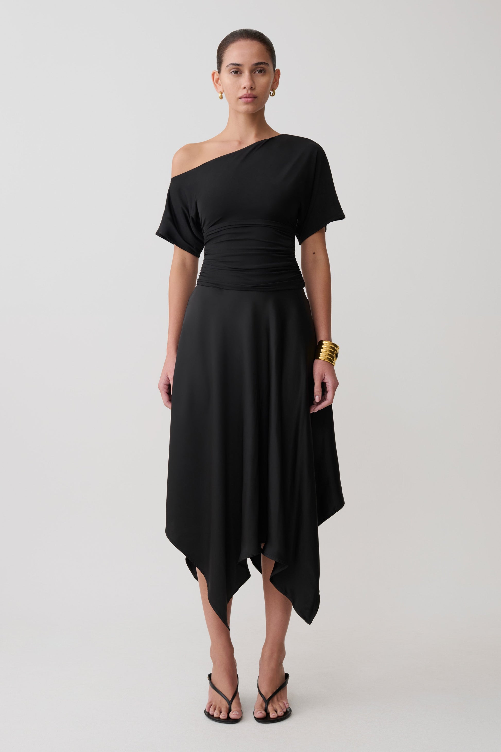 Coralie Asymmetric Satin Midi Skirt - Black #6