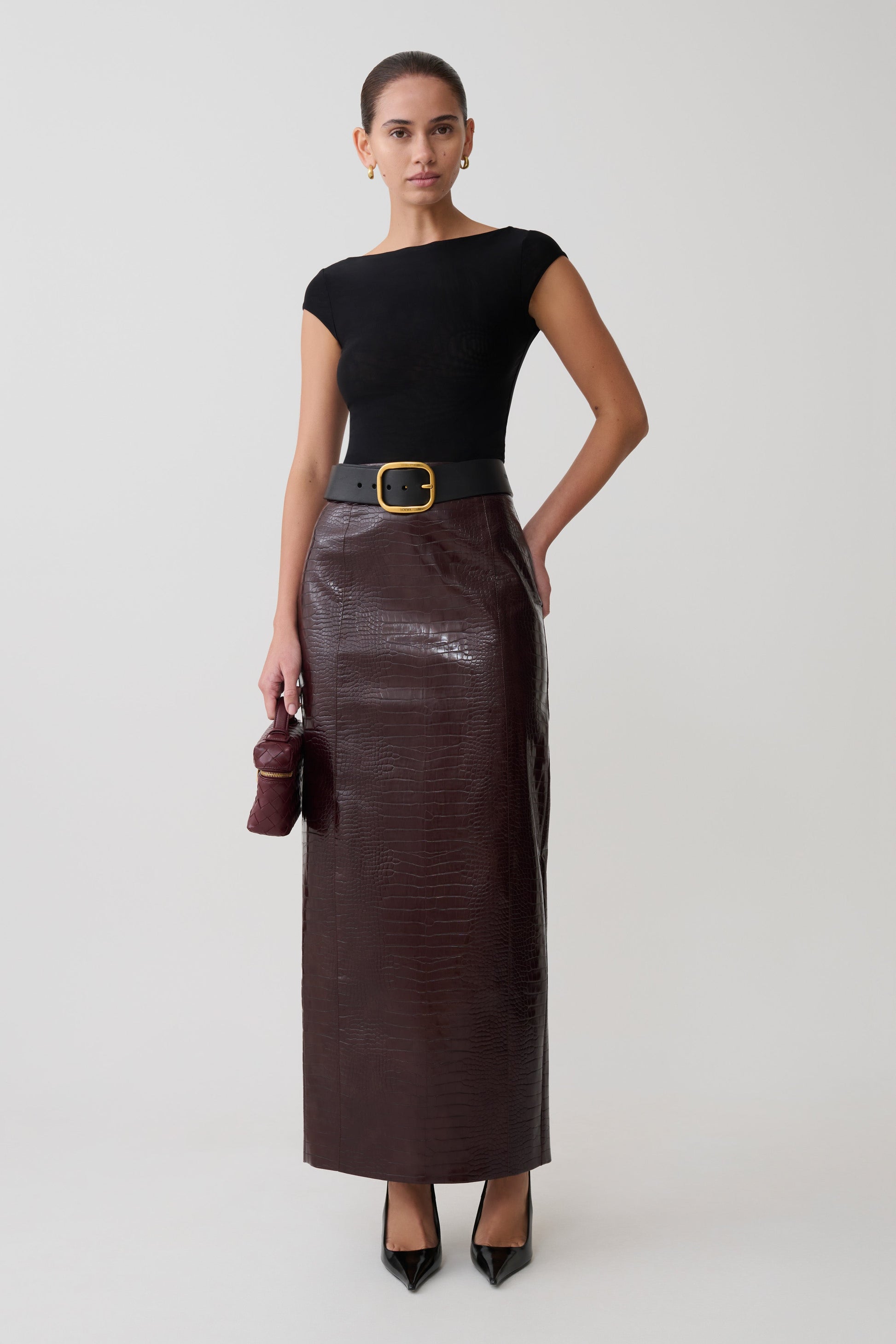 Thalia Croc Faux Leather Midi Skirt - Merlot #5