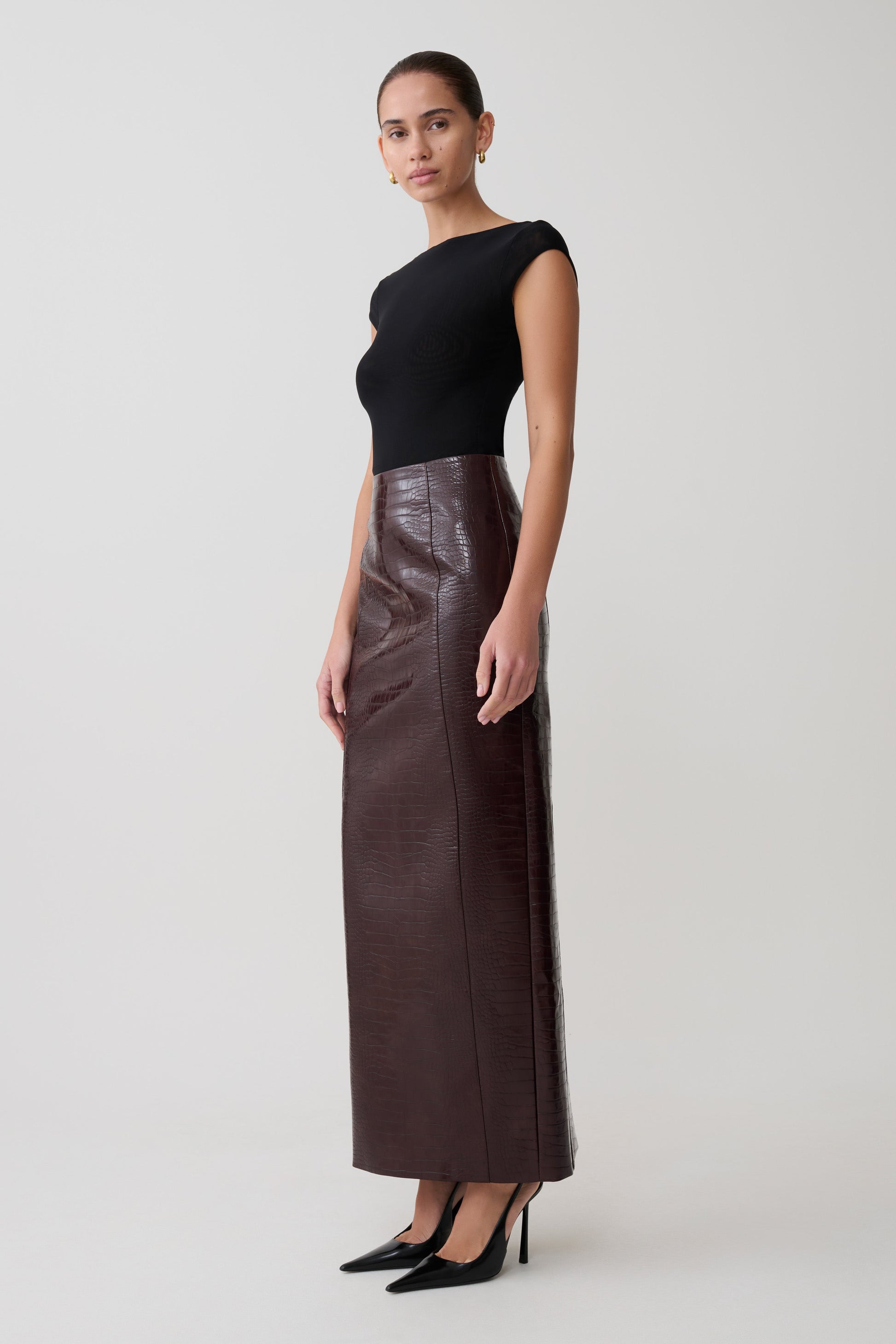 Thalia Croc Faux Leather Midi Skirt - Merlot #7