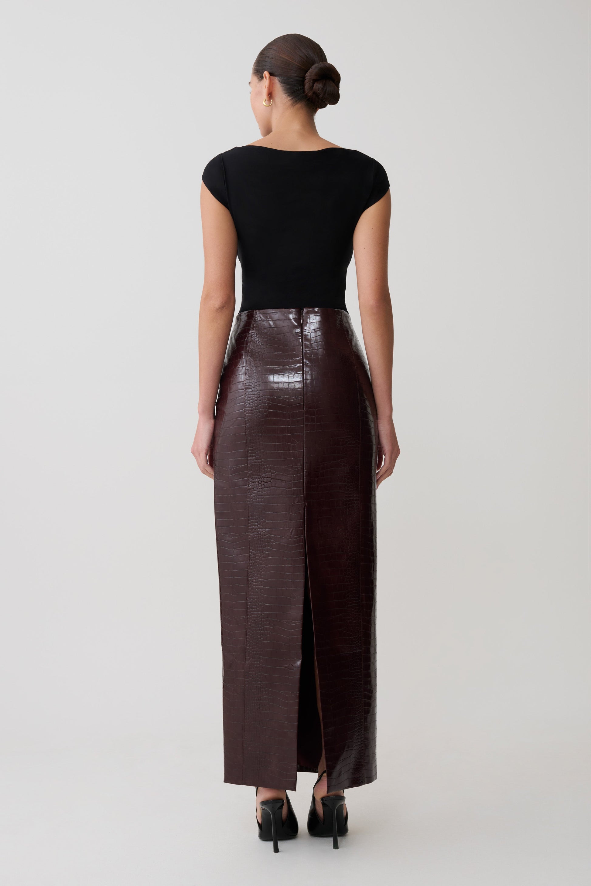Thalia Croc Faux Leather Midi Skirt - Merlot #6