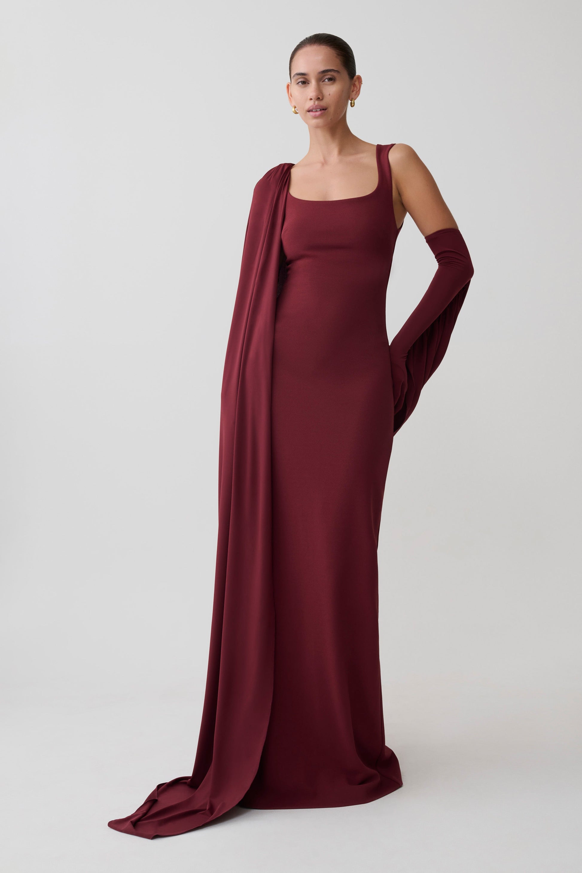 Rhea Detachable Cape Jersey Maxi Dress - Wine | MESHKI UK Rhea Detachable Cape Jersey Maxi Dress - Wine | MESHKI UK