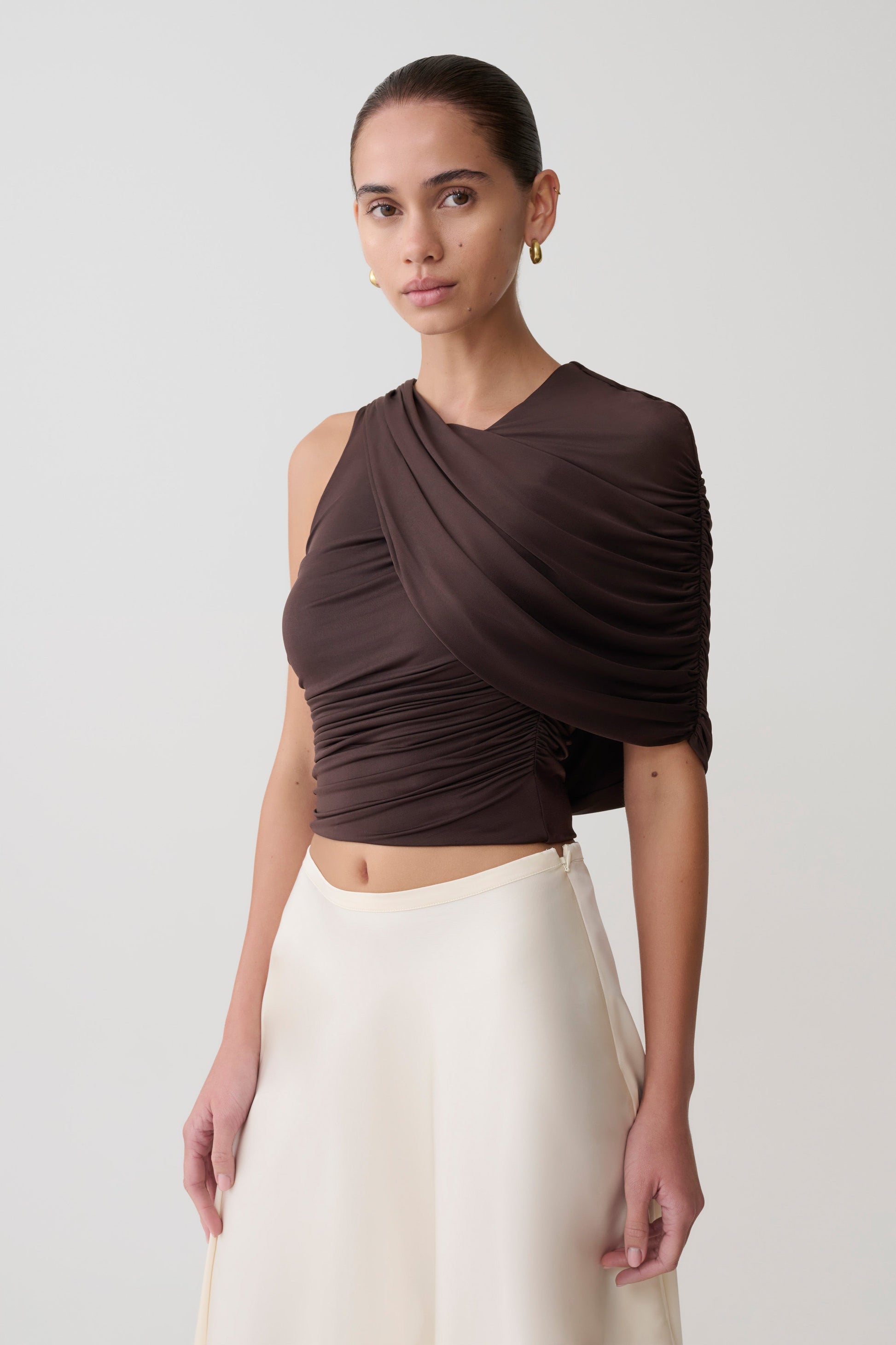 Adrienne One Shoulder Slinky Top - Chocolate #3