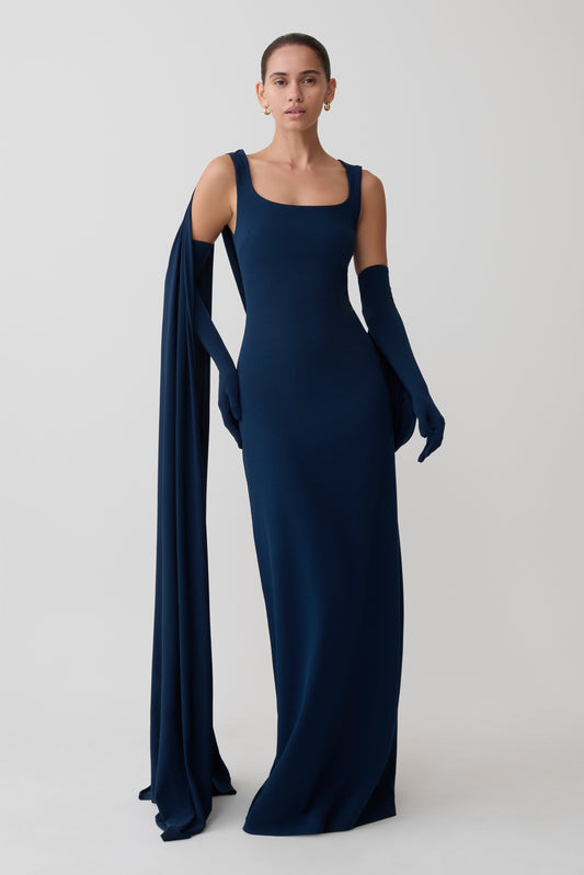 Rhea Detachable Cape Jersey Maxi Dress - Navy