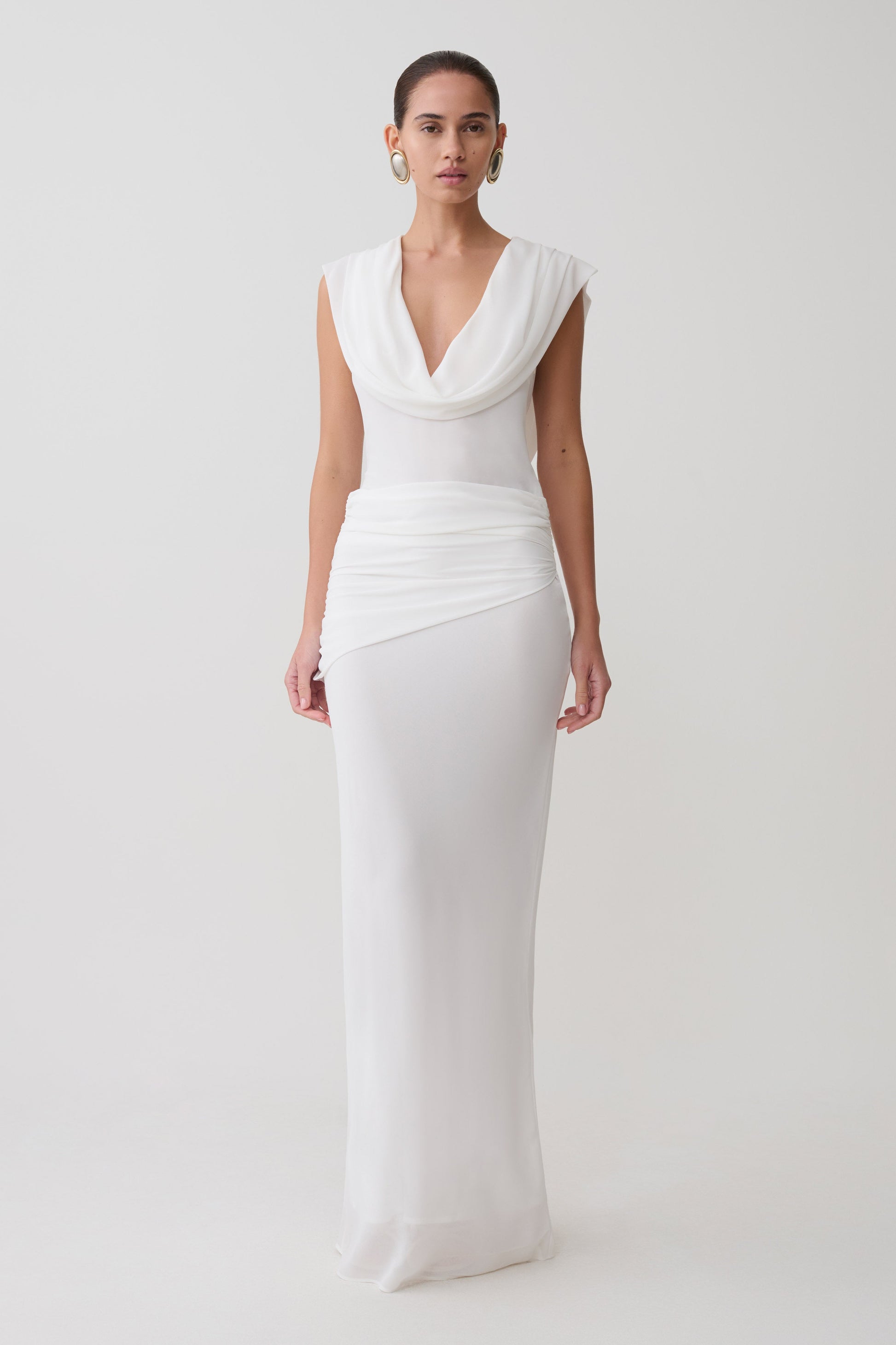 Giulia Chiffon Draped Maxi Dress - White | MESHKI UK Giulia Chiffon Draped Maxi Dress - White | MESHKI UK