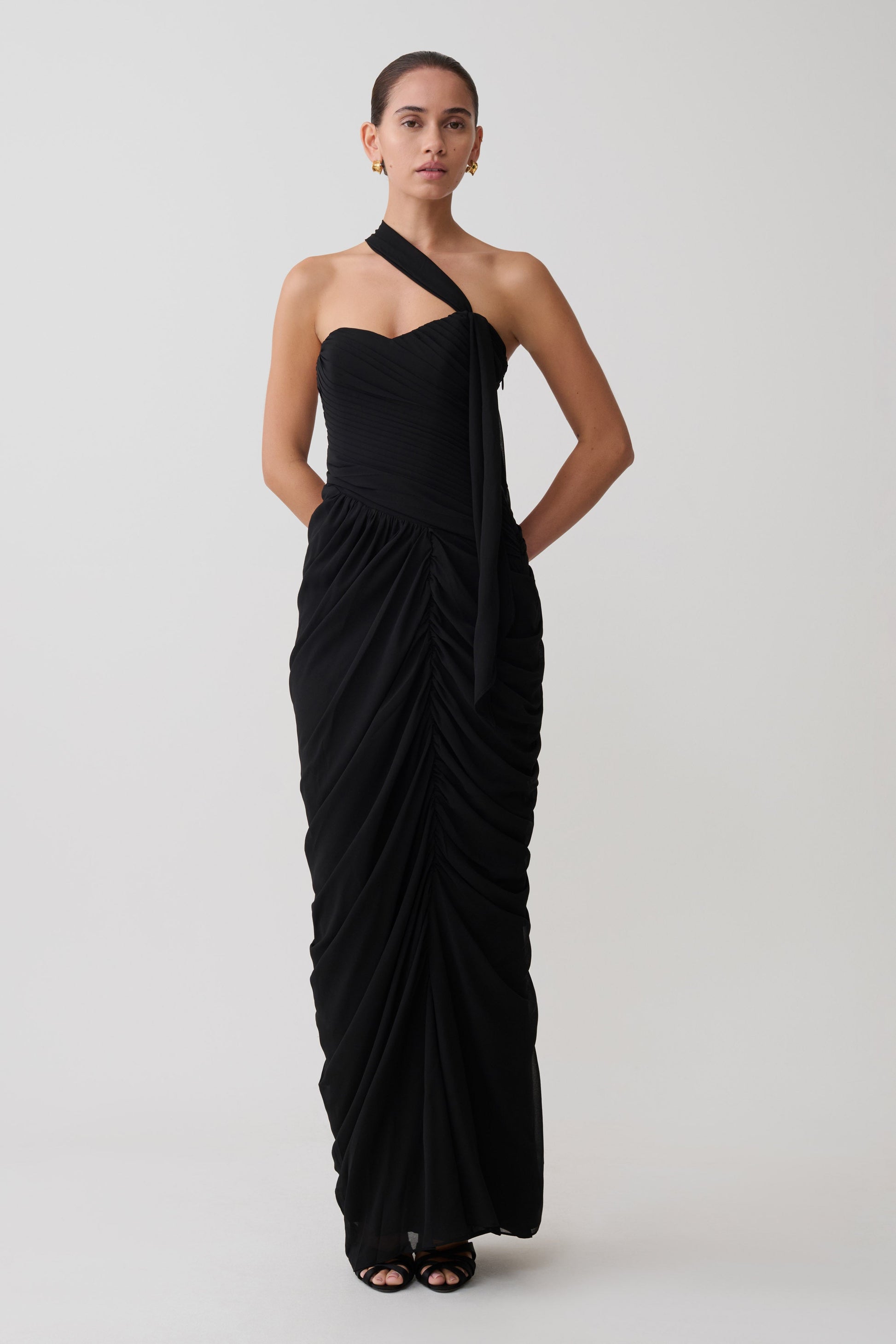 Micaela Chiffon Gathered Maxi Dress - Black #3