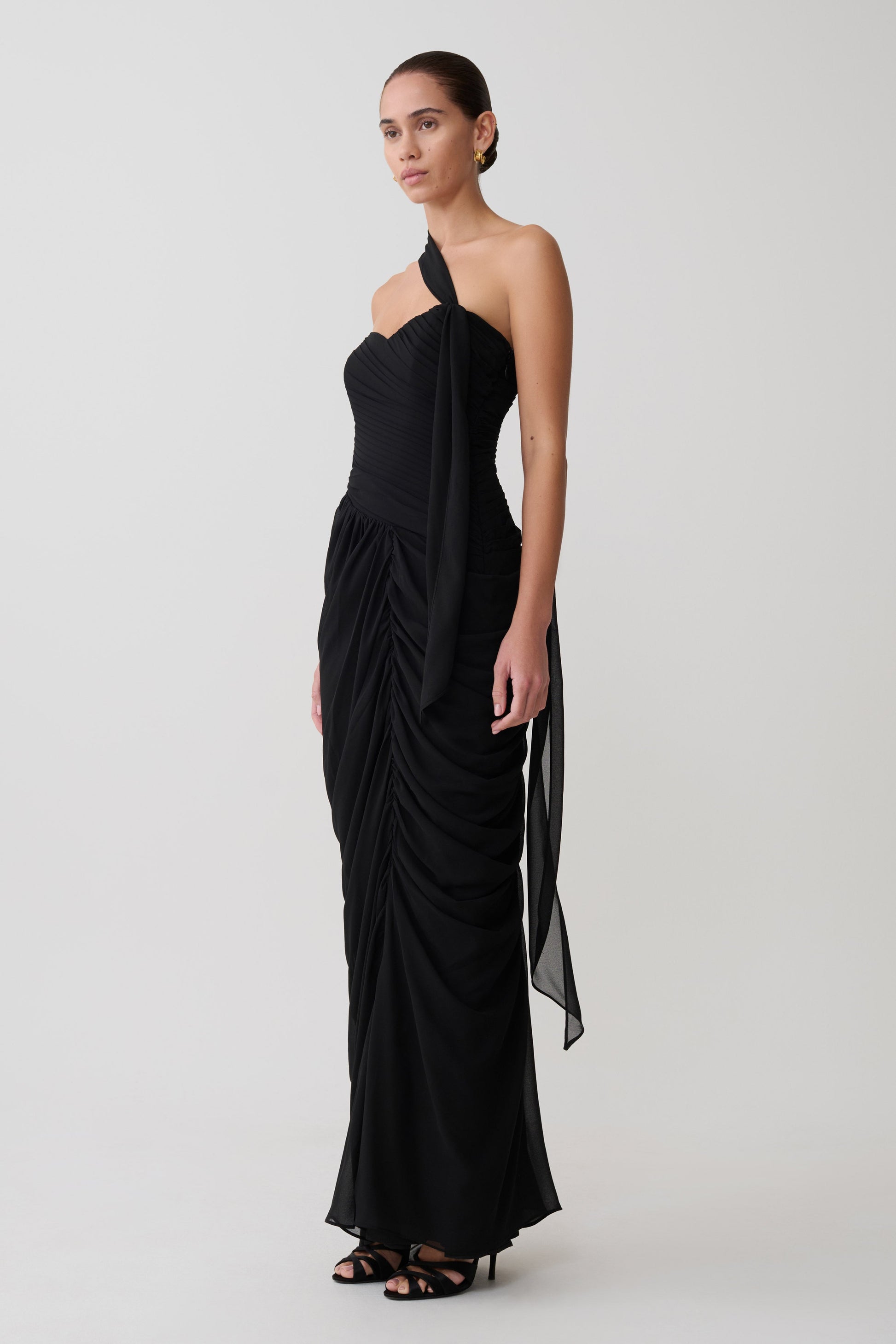 Micaela Chiffon Gathered Maxi Dress - Black #5