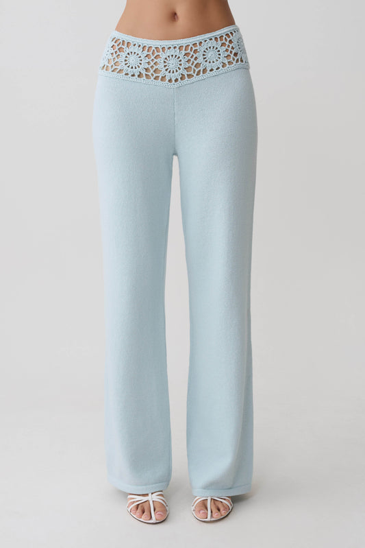 Miley Crochet Waistband Straight Leg Pant - Pale Aqua