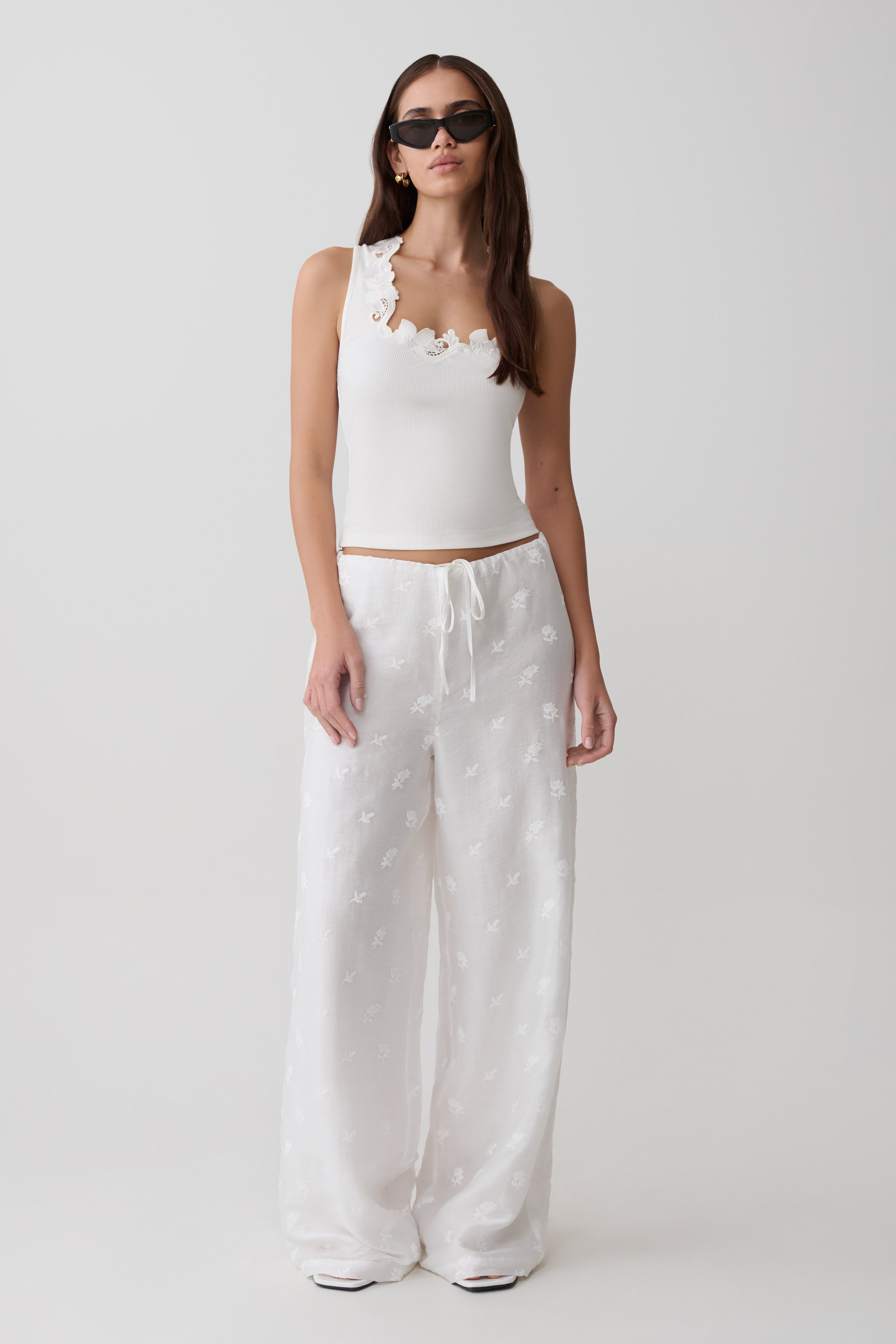Vianna Broderie Ribbed Tank Top - Ivory | MESHKI UK